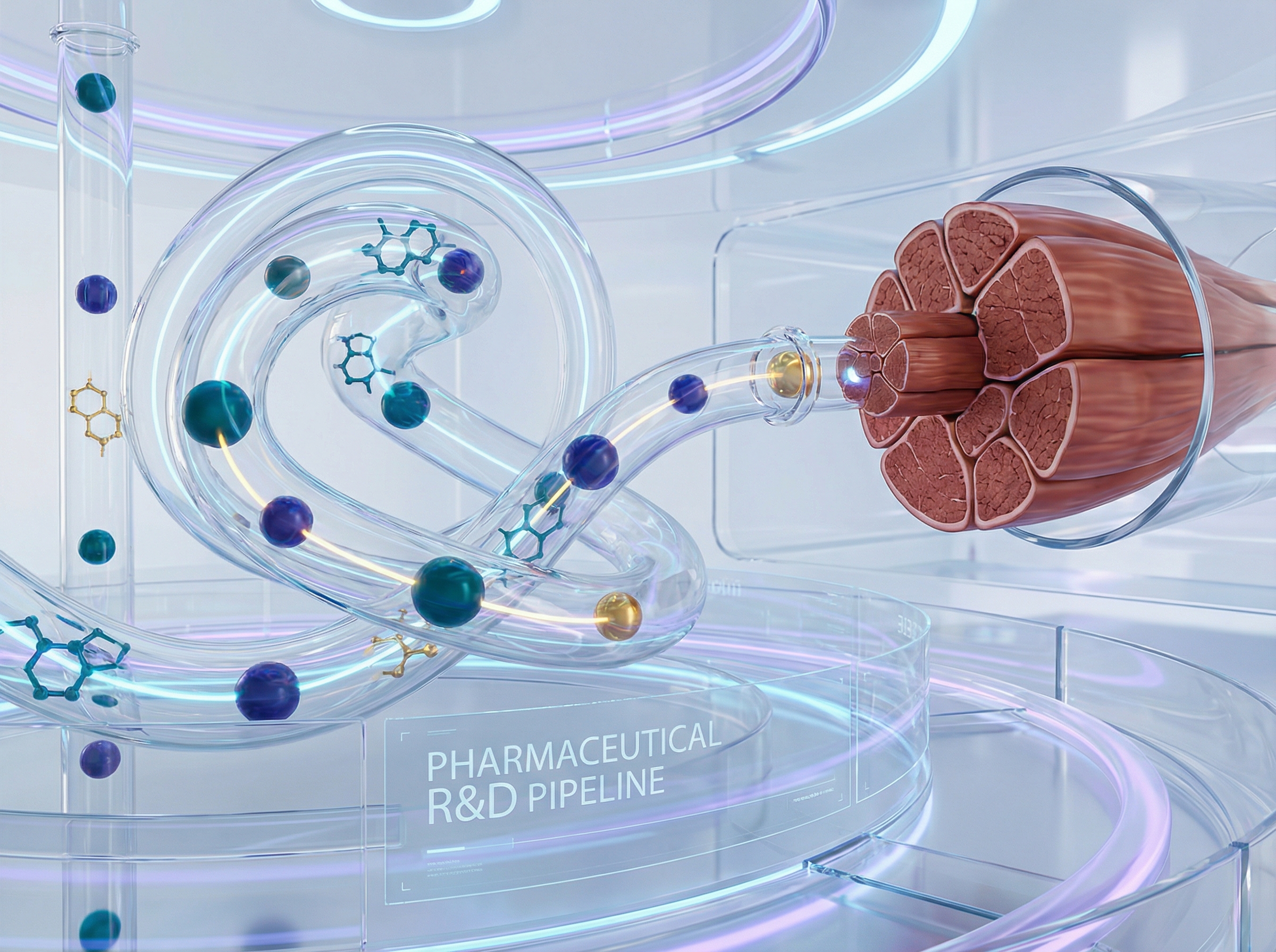 Abstract pharmaceutical pipeline with molecular structures flowing toward targets