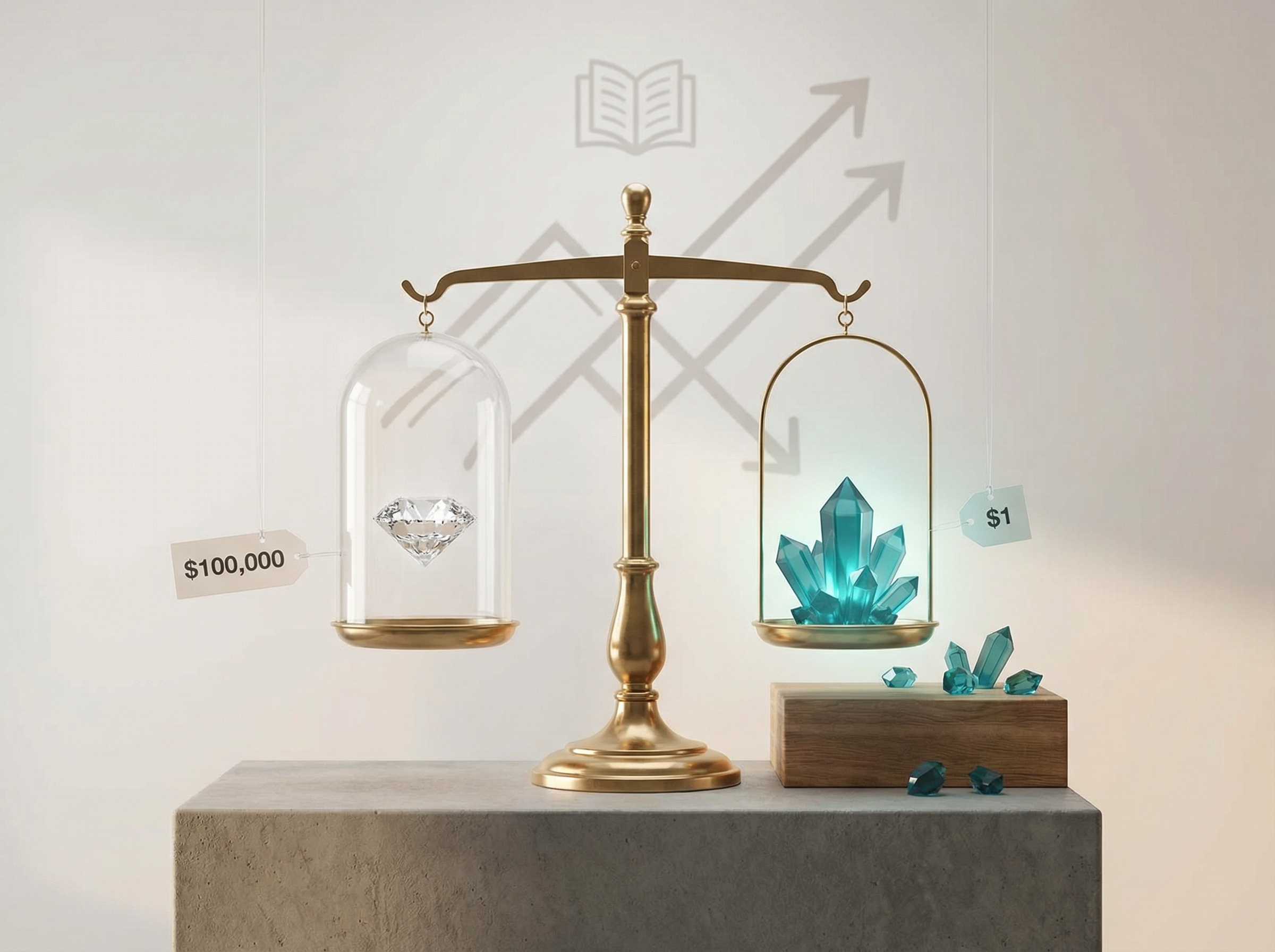 Balance scale with a corporate diamond behind glass on one side and an open-source crystal radiating light on the other