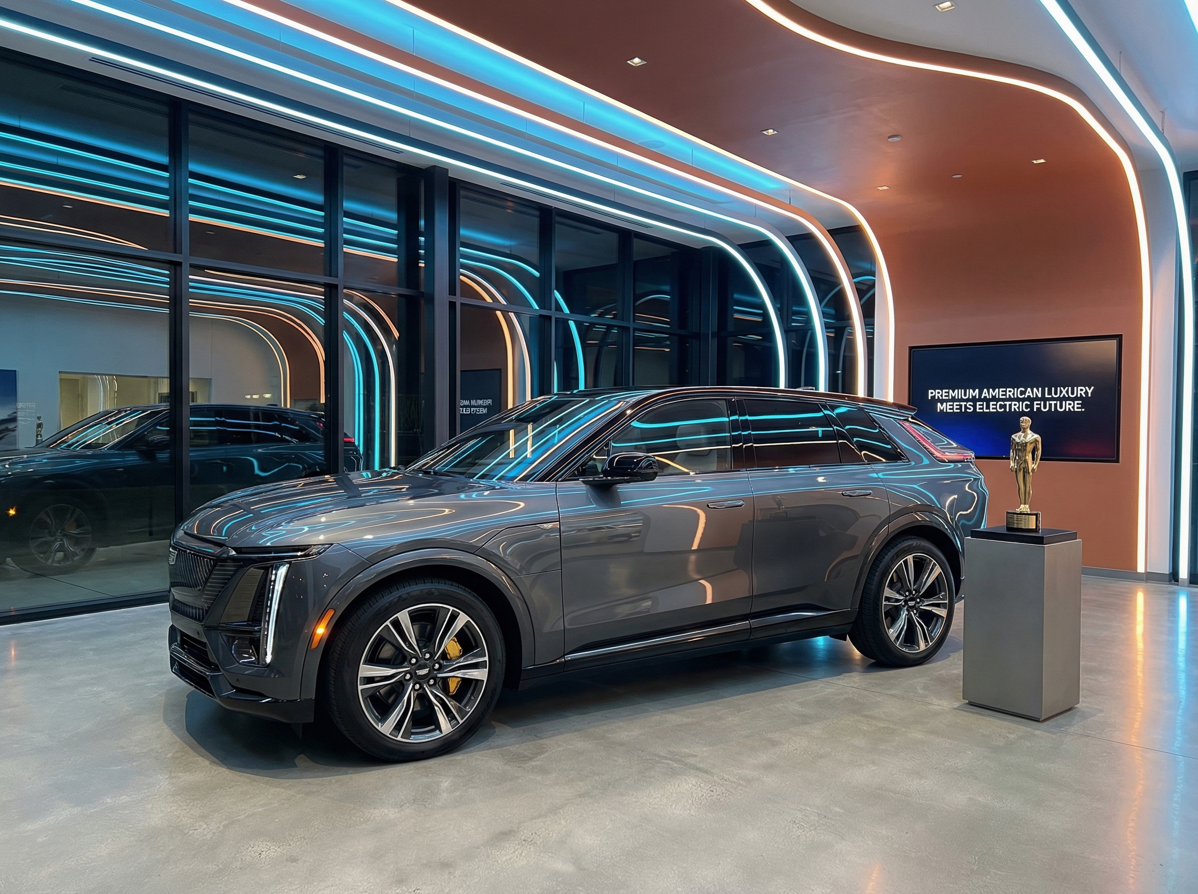 Cadillac Escalade IQ in modern showroom with trophy