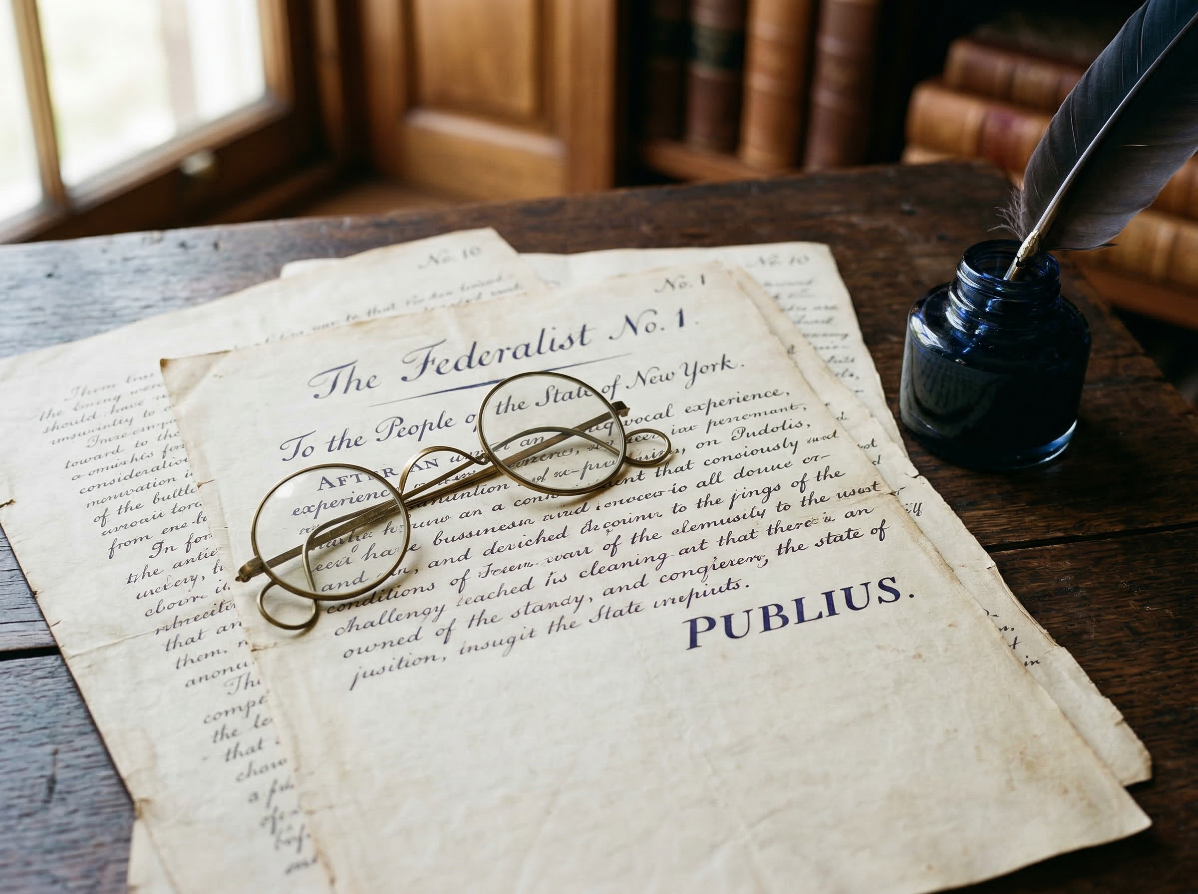 Handwritten Federalist Papers manuscript with Publius pseudonym visible, quill pen and inkwell