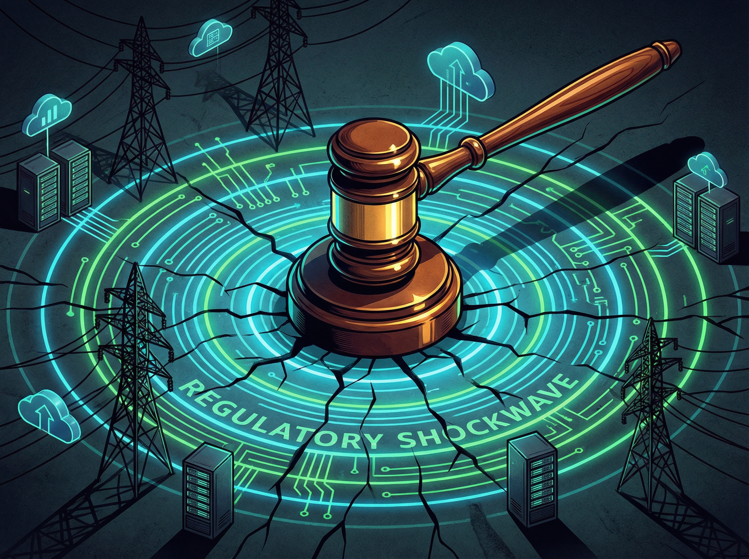 Regulatory gavel creating shockwaves through an electrical grid network of power lines and data center icons