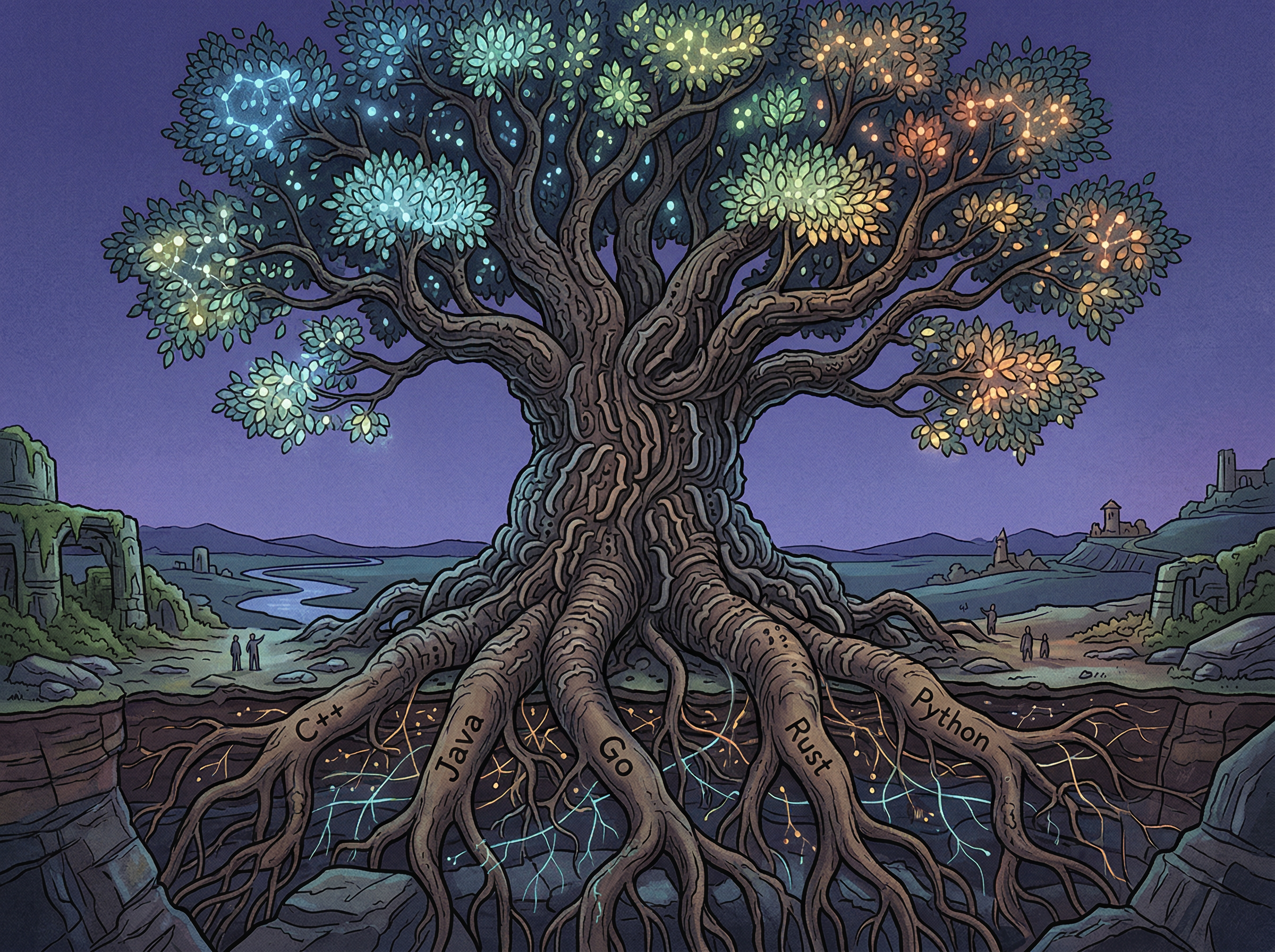 A massive ancient tree with roots branching into modern programming languages