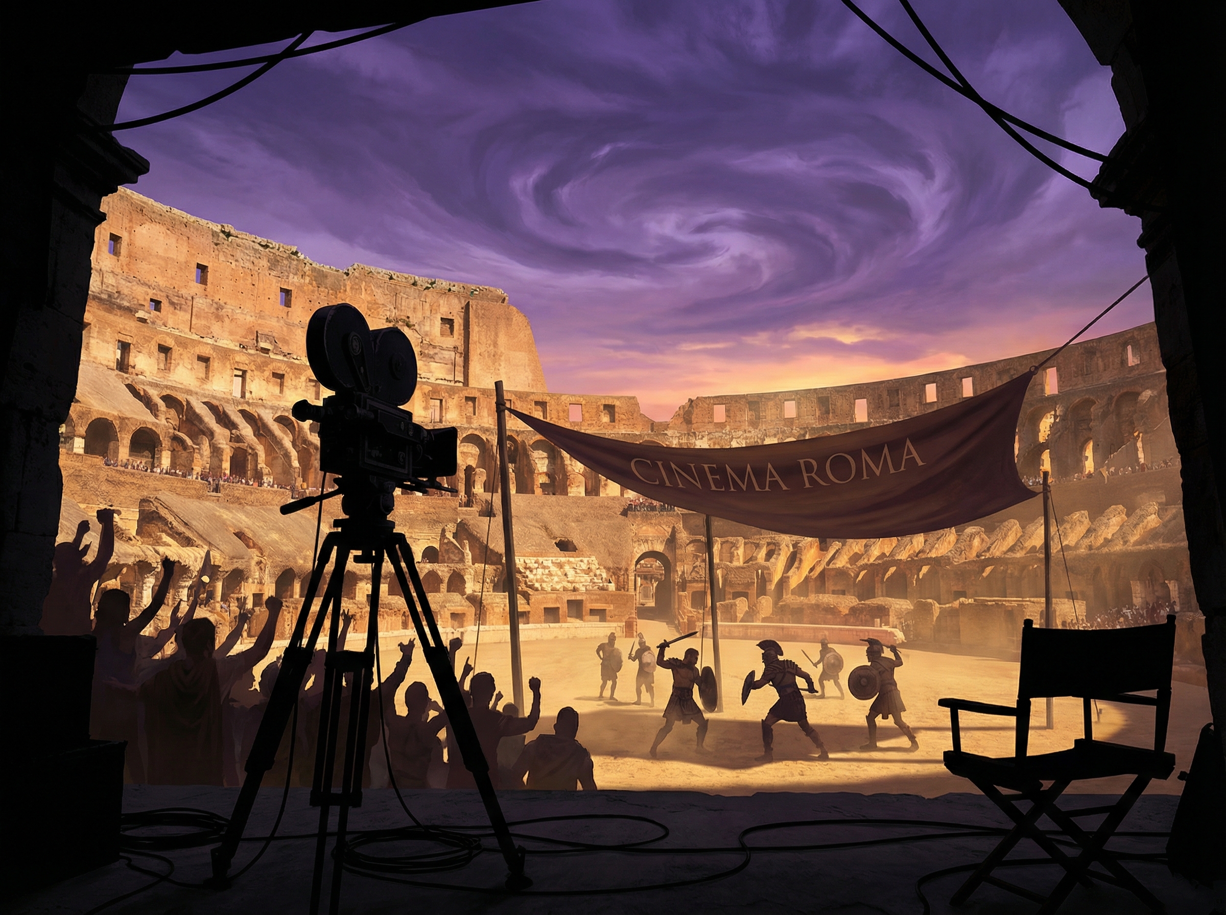 Gladiator arena at sunset with cinematic golden light, the Roman Colosseum interior with dramatic purple sky