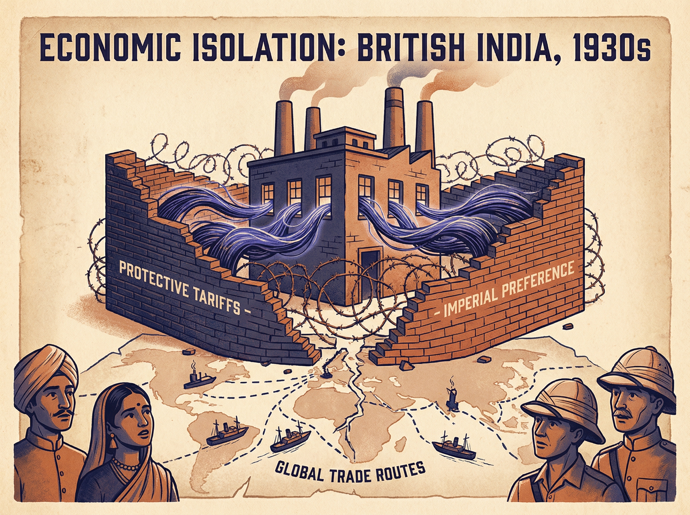 Colonial textile factory surrounded by rising tariff walls