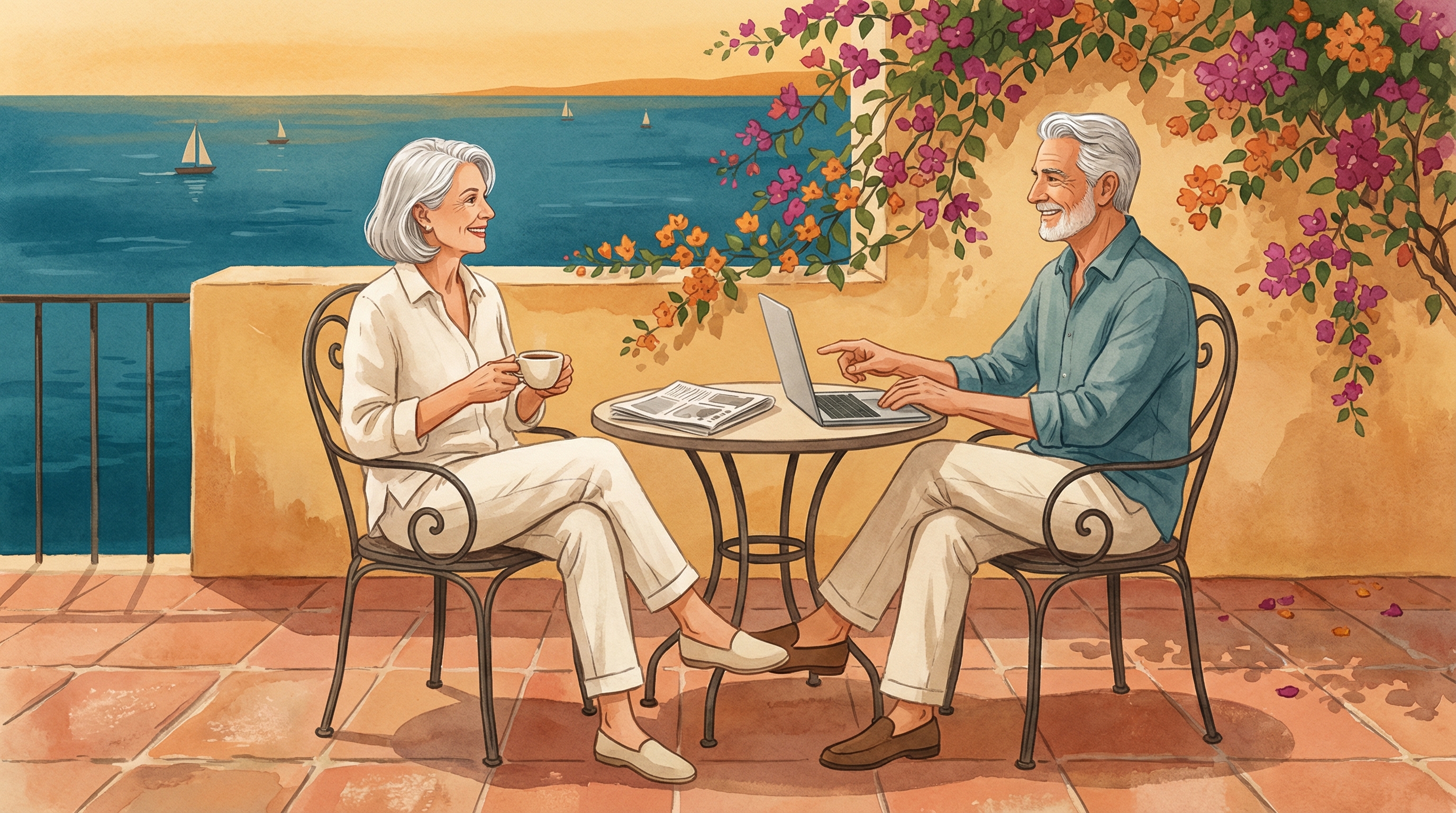 Santorini white-washed buildings with blue domes and golden crown floating above