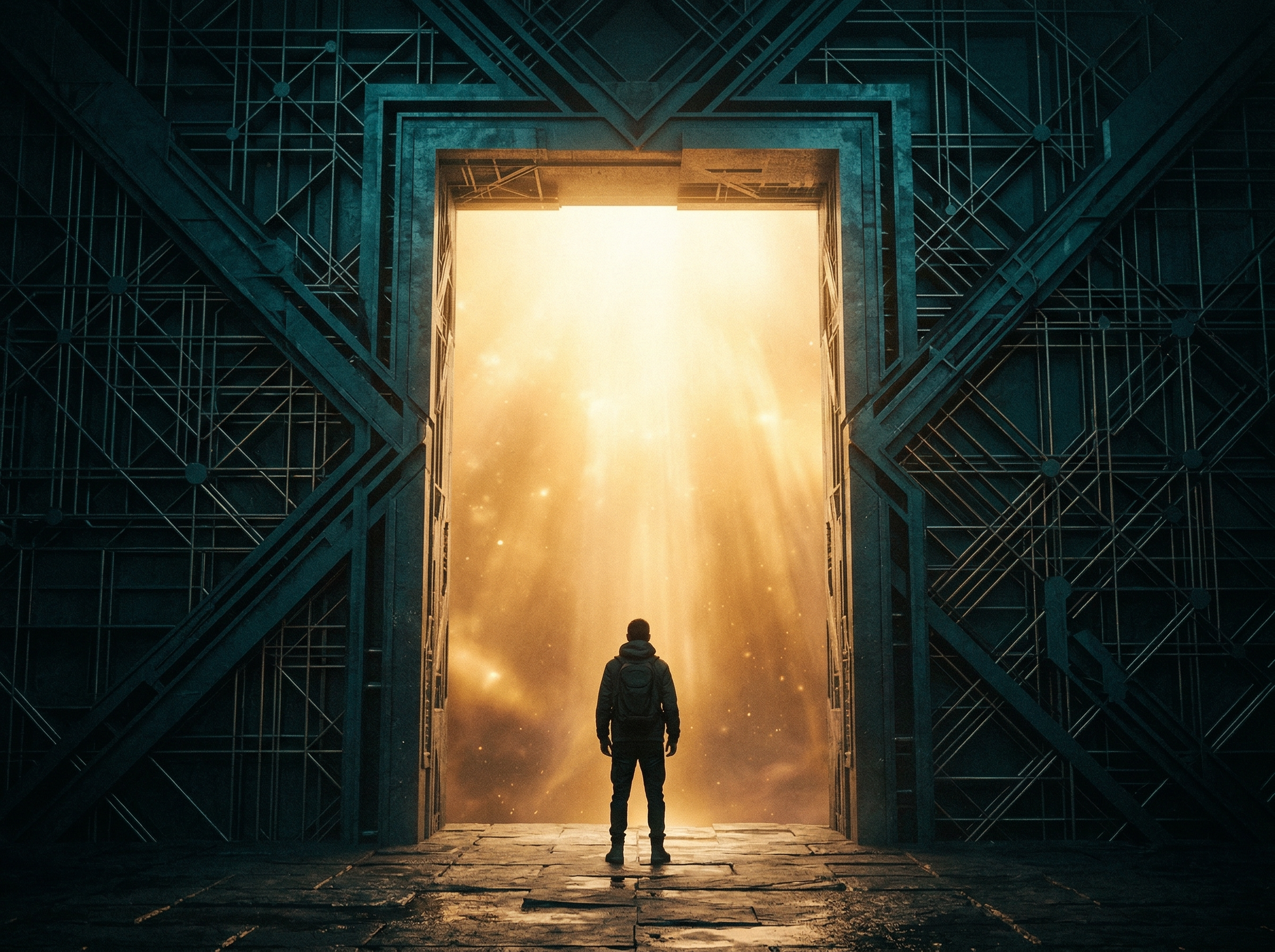 A figure standing in a massive doorway of neural network patterns, looking into brilliant warm light beyond
