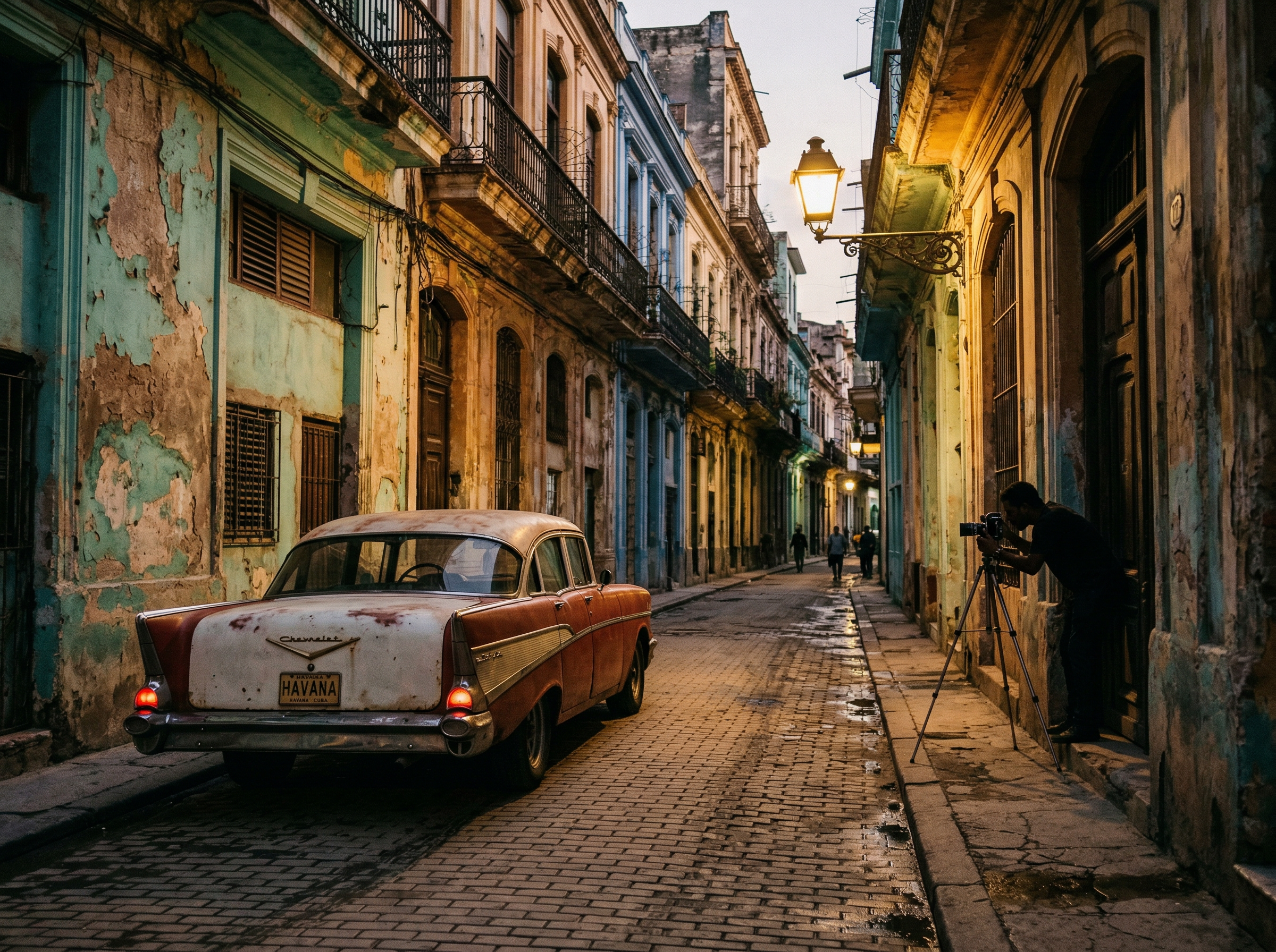 Classic 1950s American car on a narrow Havana street at dusk with crumbling pastel colonial facades