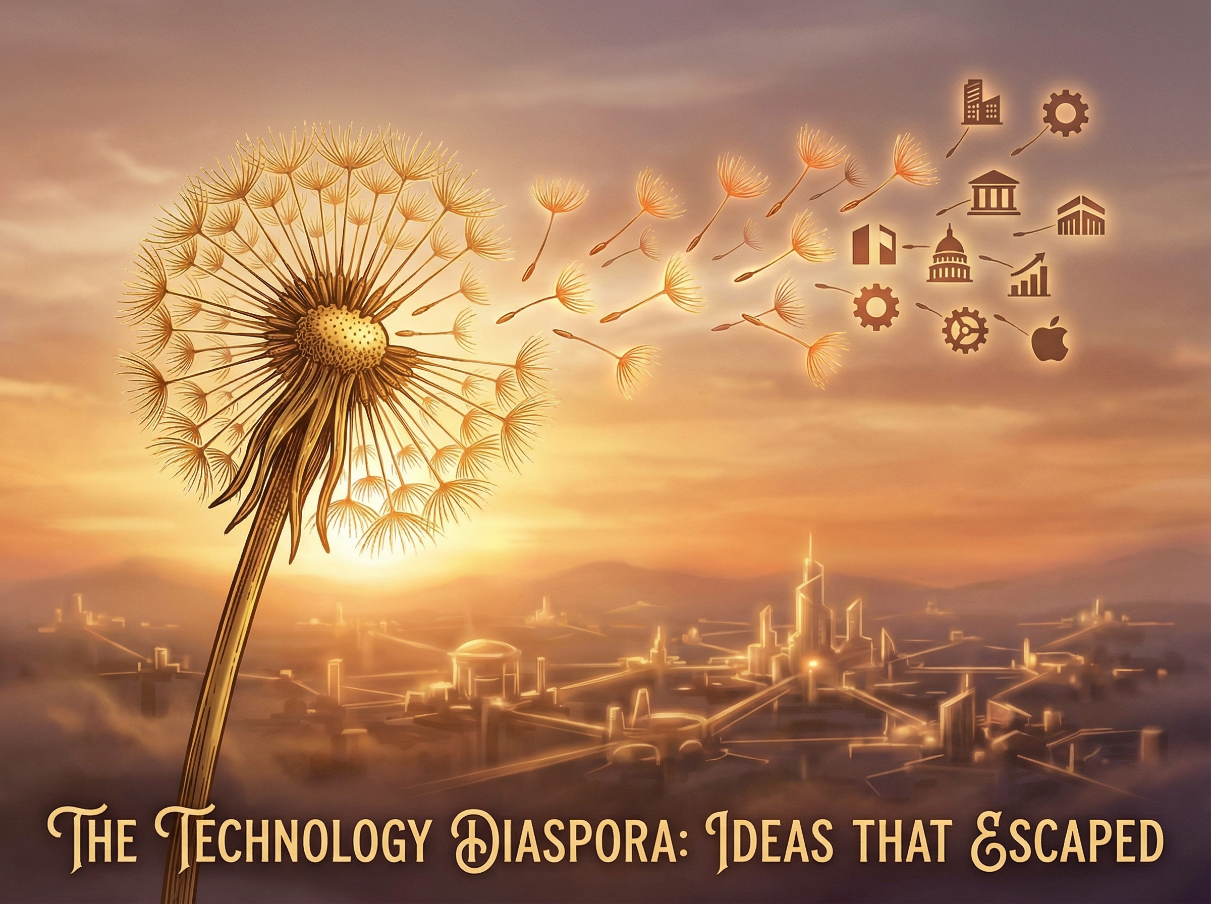 Seeds scattering from a golden dandelion, each transforming into company silhouettes, the diaspora metaphor