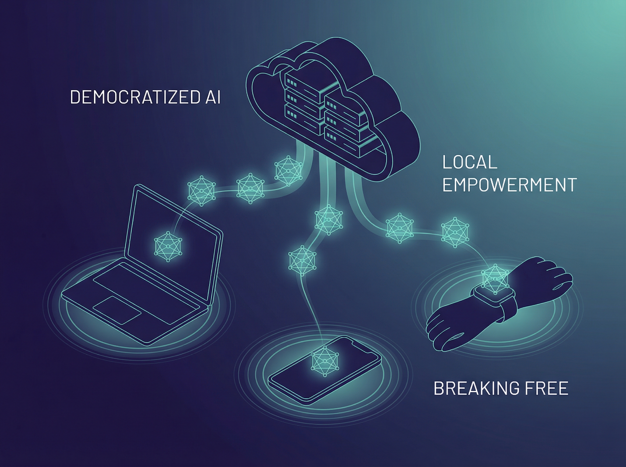 Small glowing AI models running on personal devices, breaking free from cloud servers