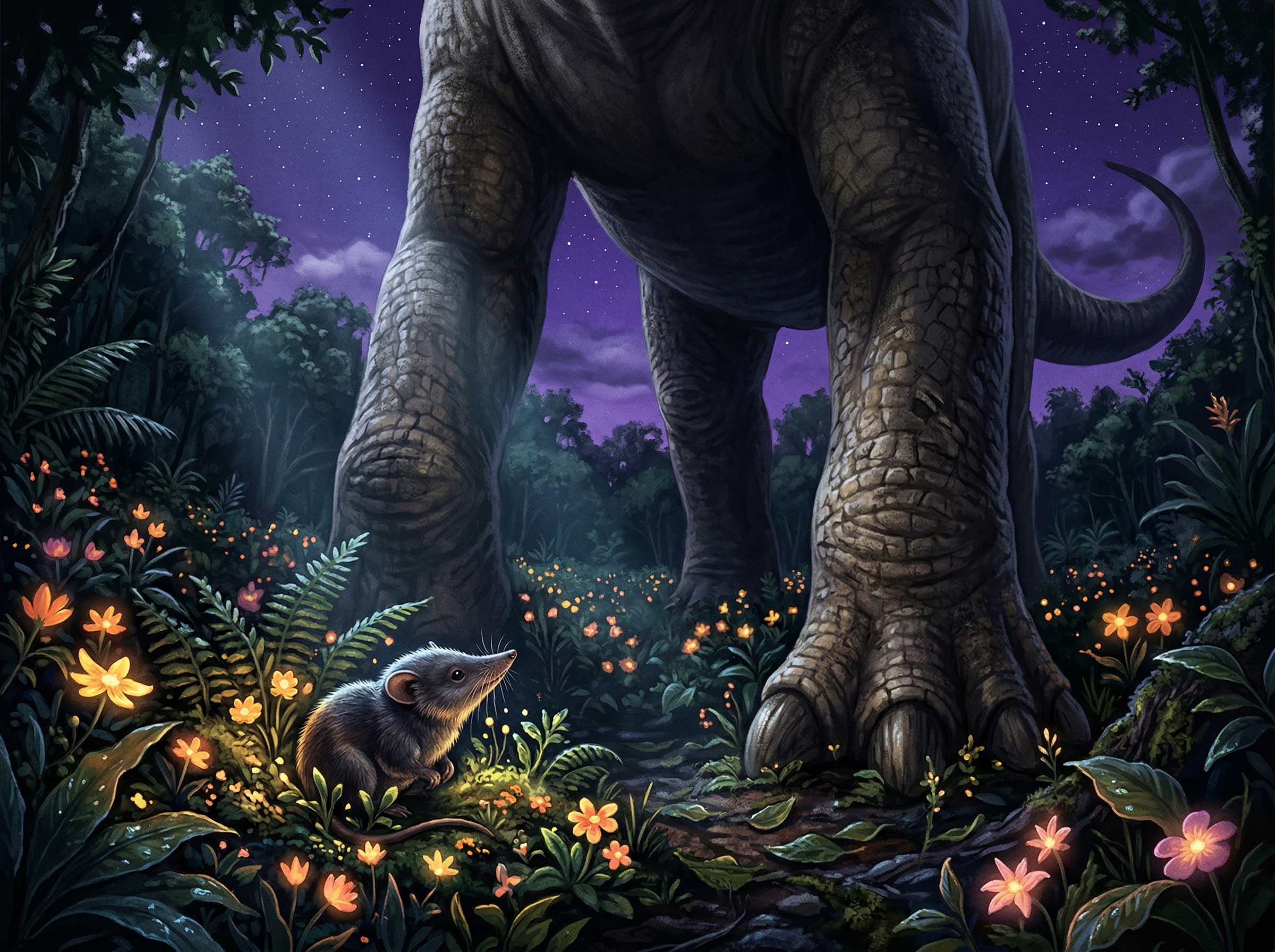 A tiny shrew-like mammal illuminated by moonlight beneath the massive legs of a sauropod dinosaur, surrounded by bioluminescent flowering plants