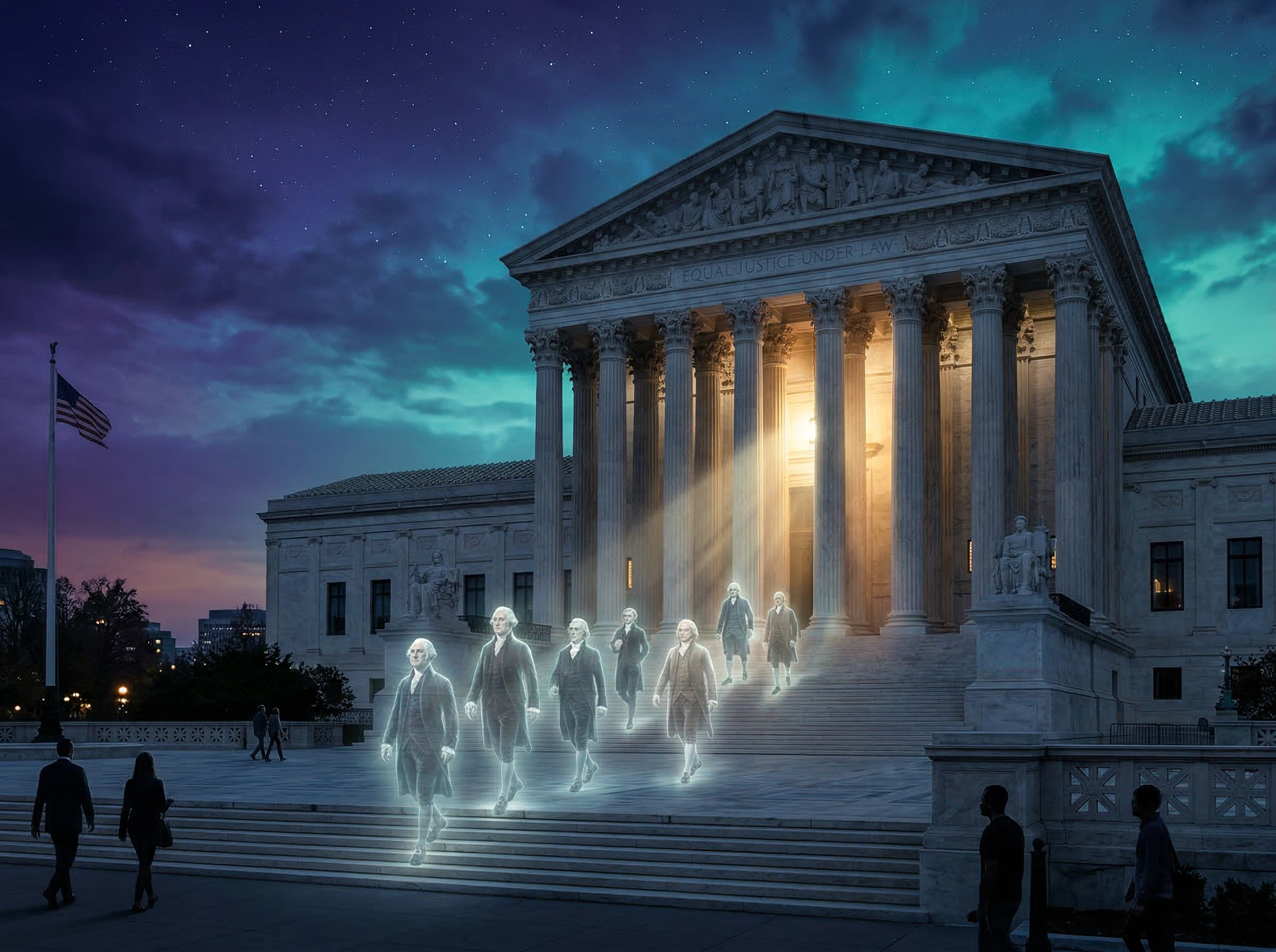 The U.S. Supreme Court building with ghostly translucent founding fathers walking up the steps, blending 18th and 21st century imagery