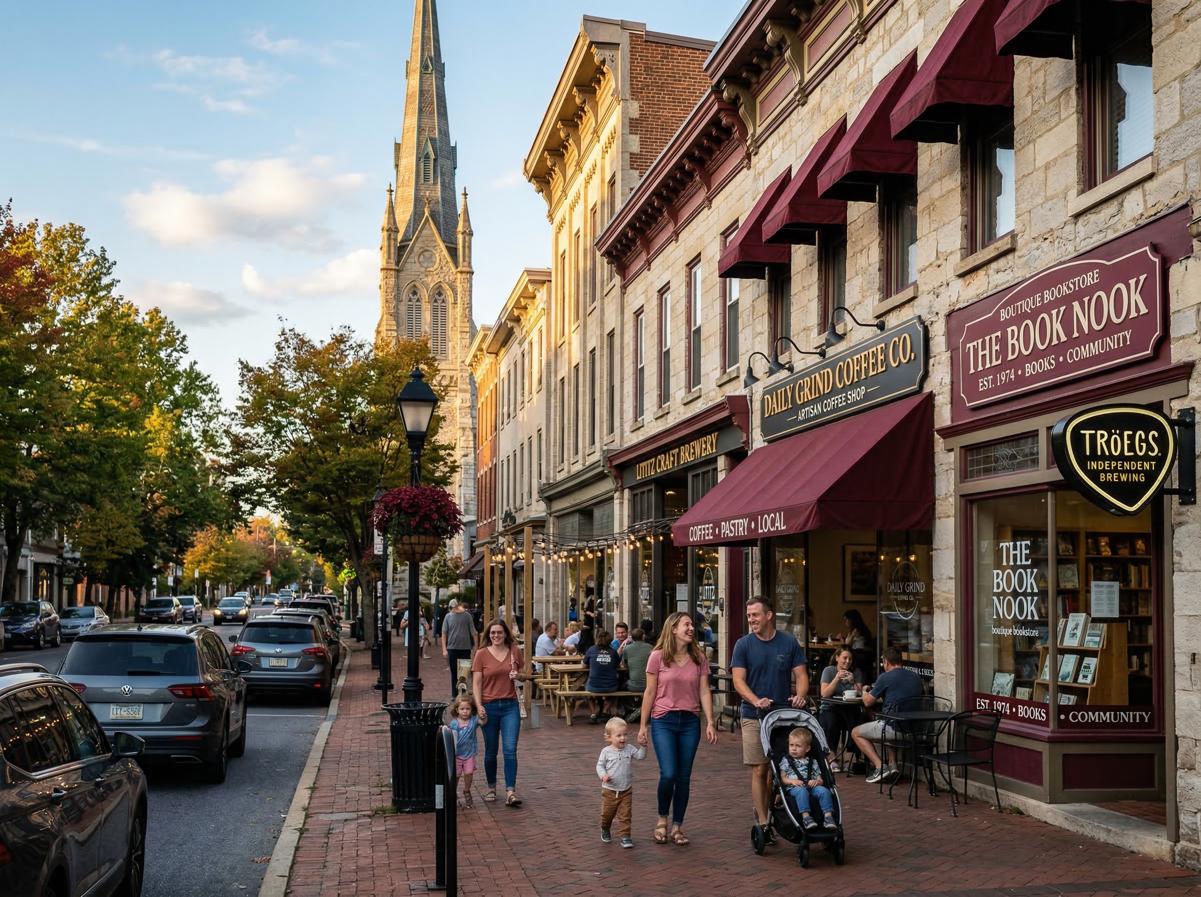 Modern aerial view of Lititz blending 18th-century limestone architecture with contemporary development, Lancaster County farmland beyond