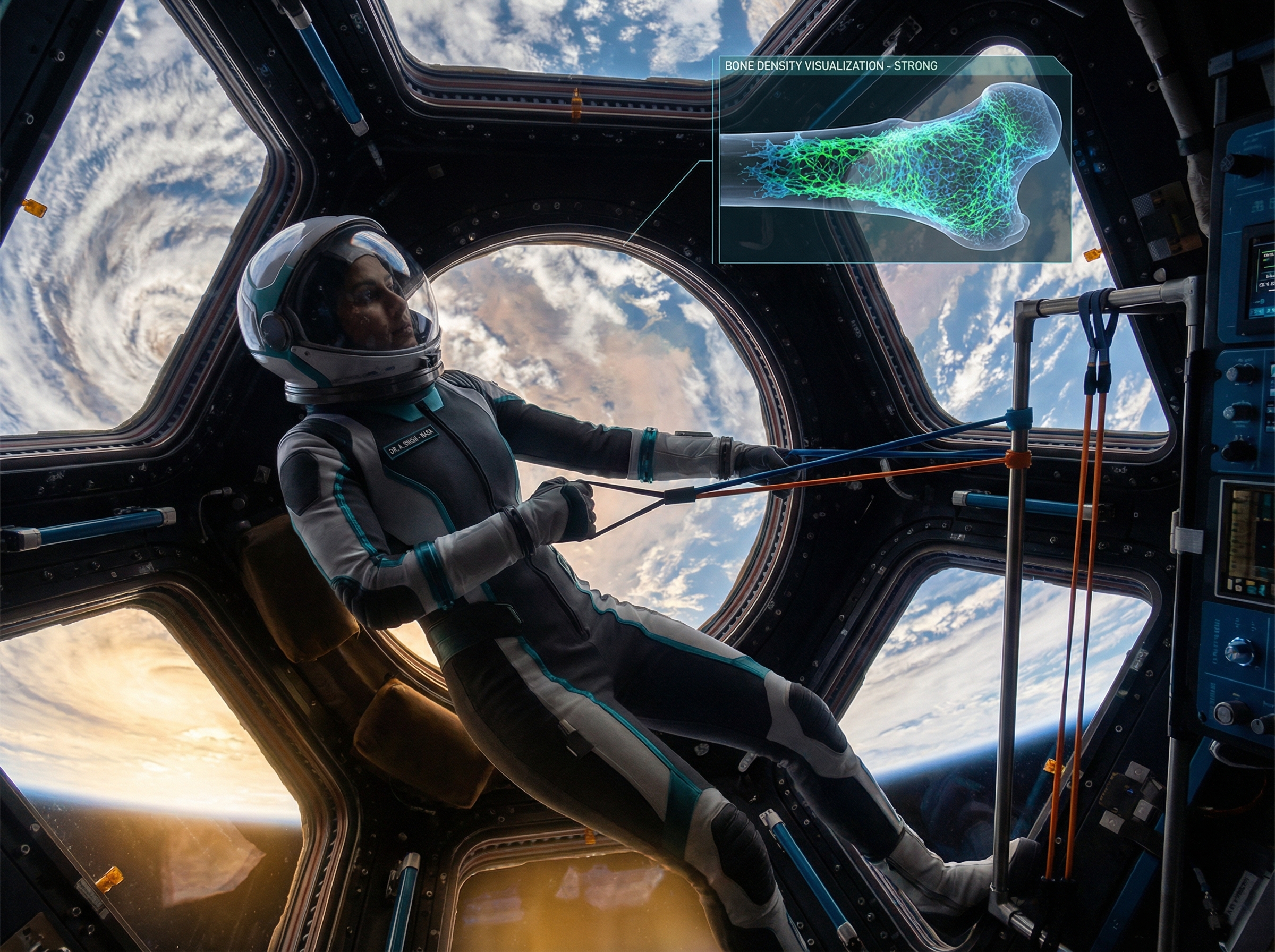 Astronaut performing resistance training in space station with Earth visible through window