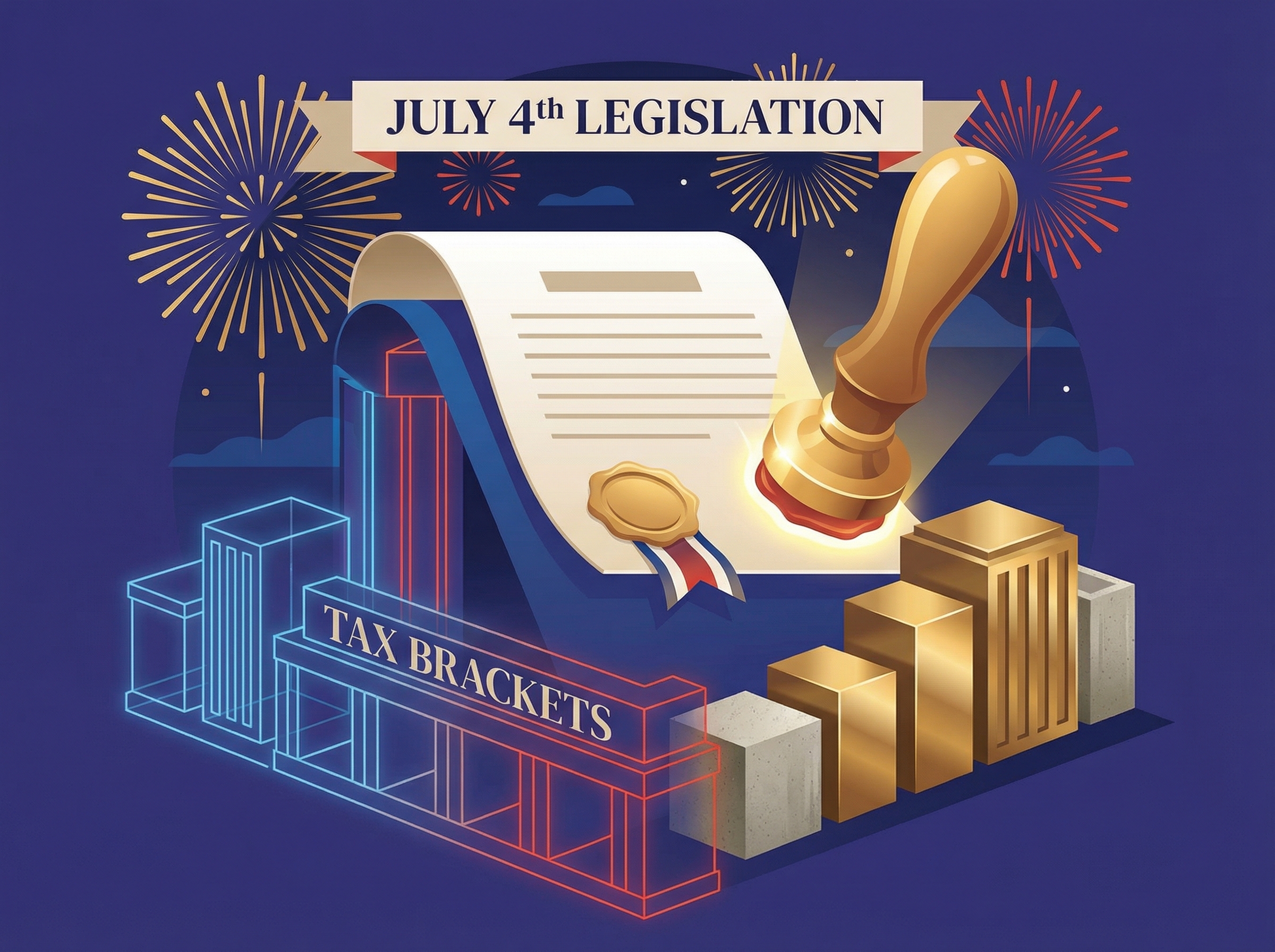 Modern editorial illustration of legislative permanence with a massive document being sealed, fireworks suggesting July 4th signing