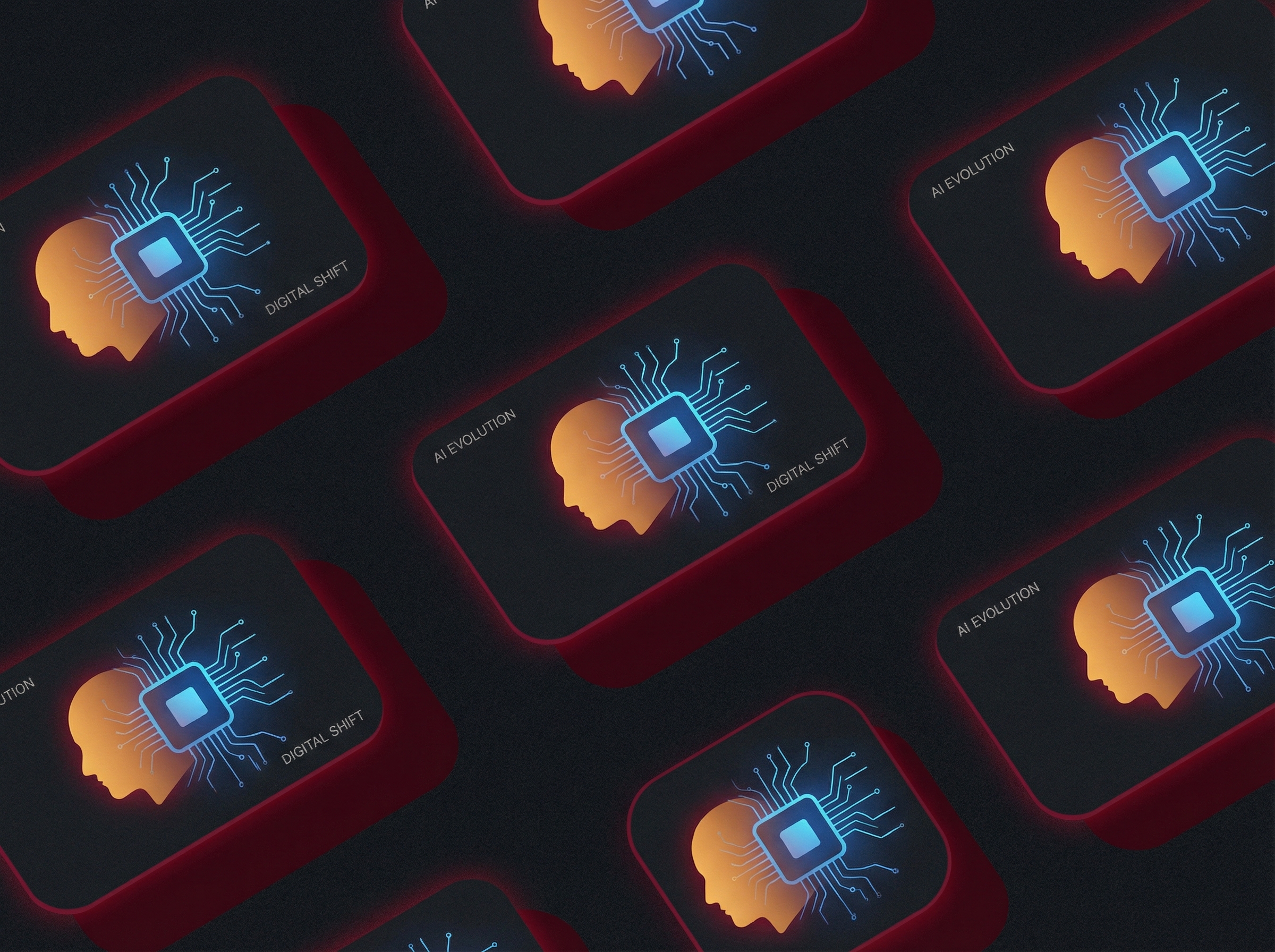 Pinterest-style pins as human silhouettes being replaced by glowing AI chips