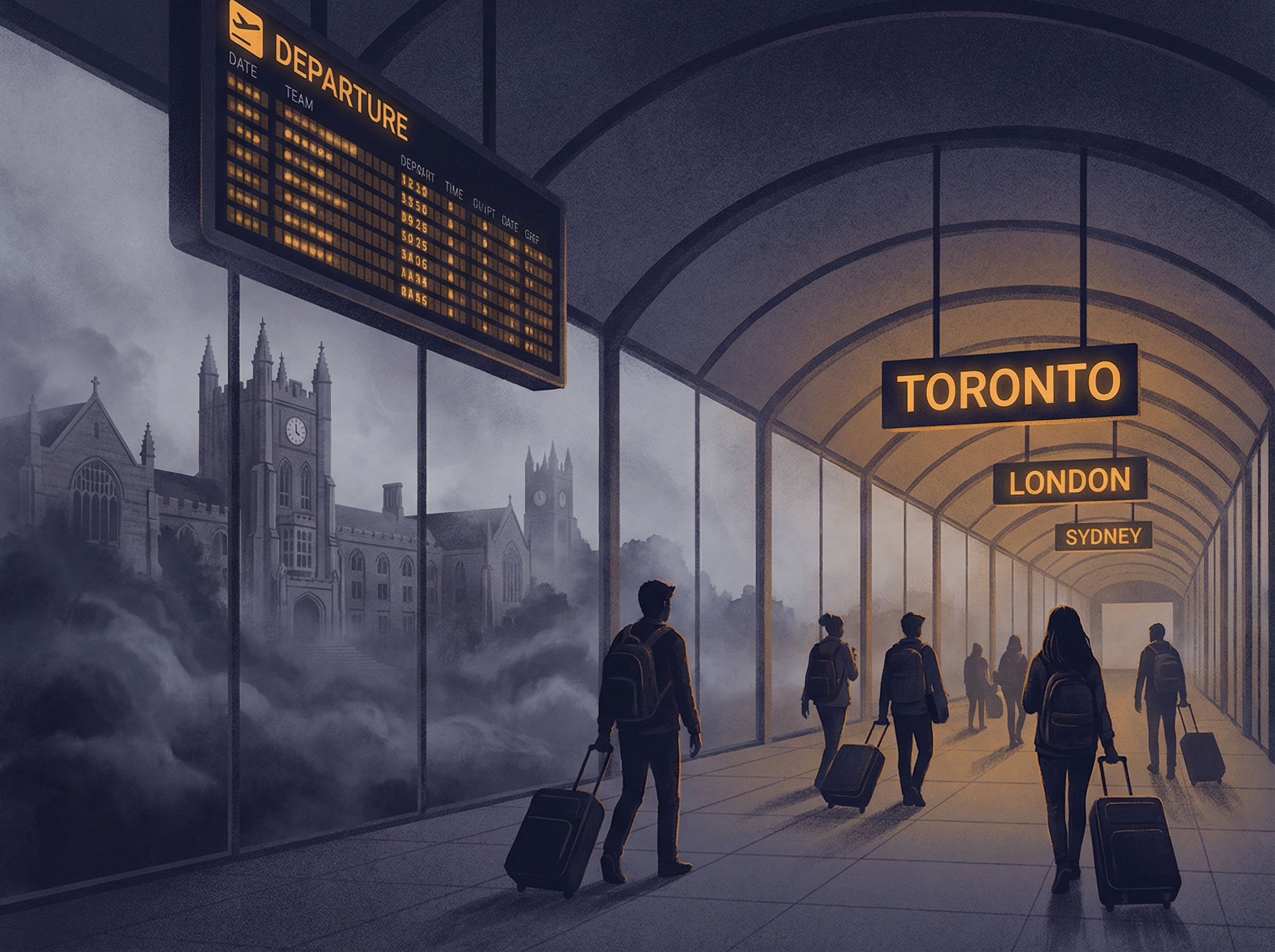Airport departure terminal with silhouettes of students walking toward gates labeled Toronto, London, Sydney
