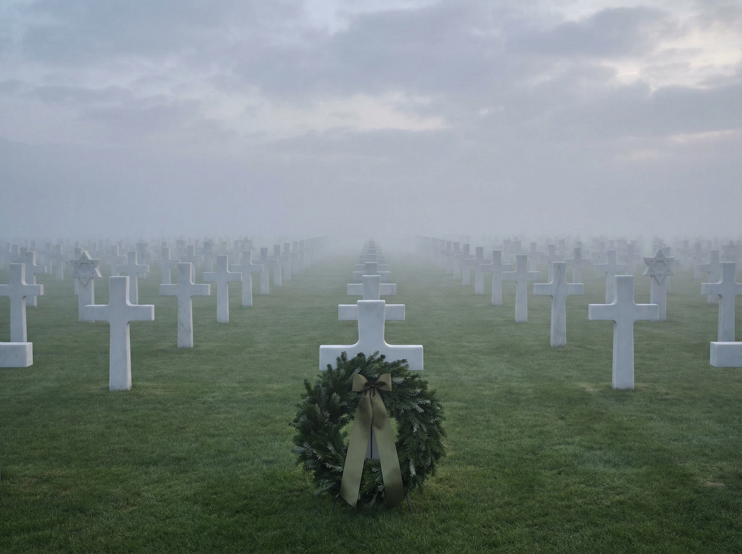Rows of white crosses at an American military cemetery in Belgium, morning fog lifting over green grass