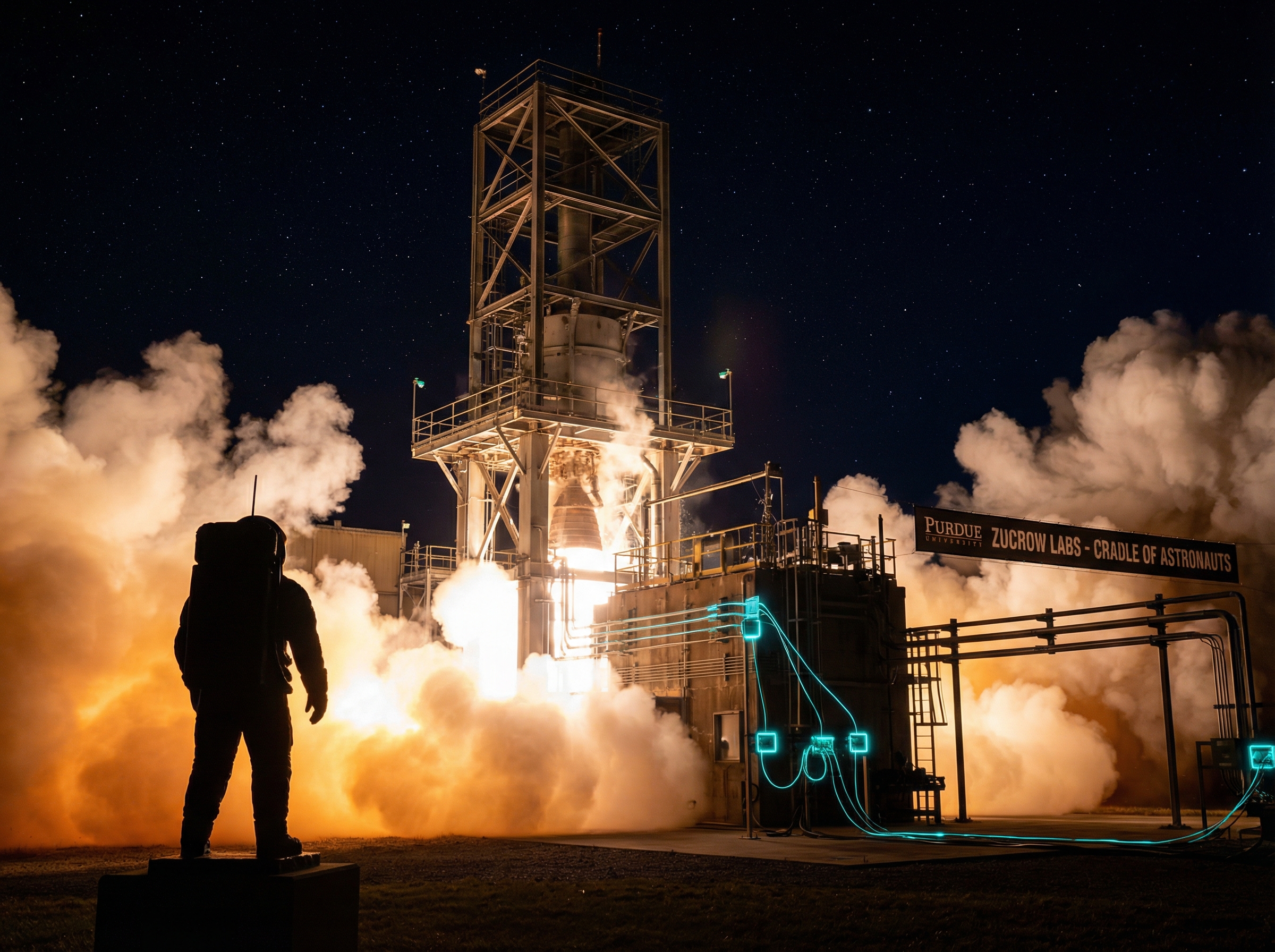 Rocket engine test fire at Purdue Zucrow Labs at night