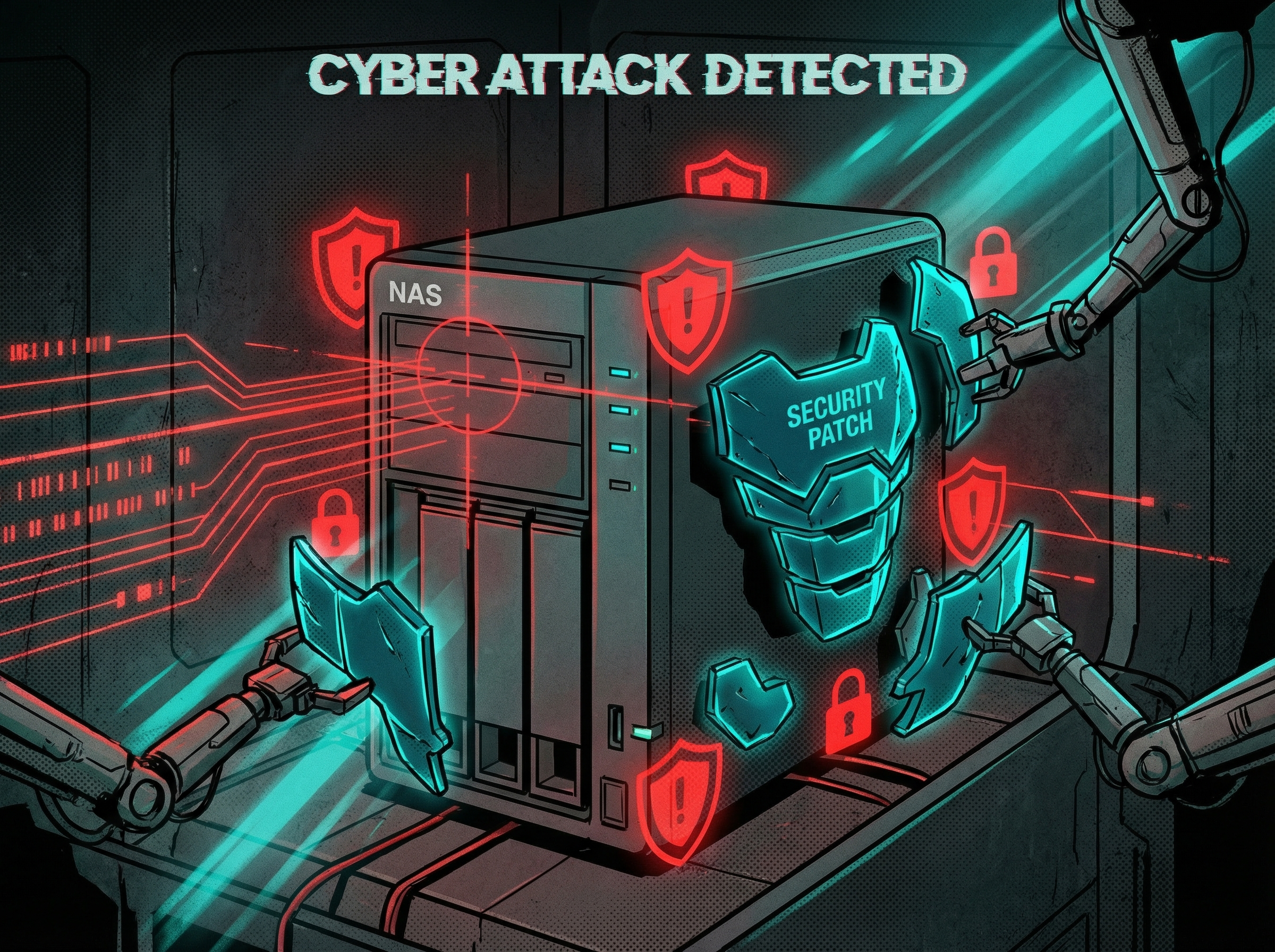 NAS server under digital attack with security patches being applied as armor