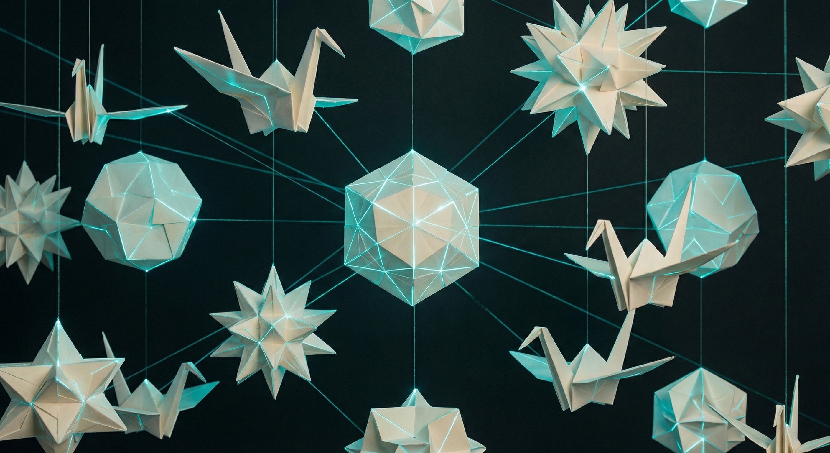 Abstract visualization of precise instruction following with geometric origami patterns guided by teal laser lines