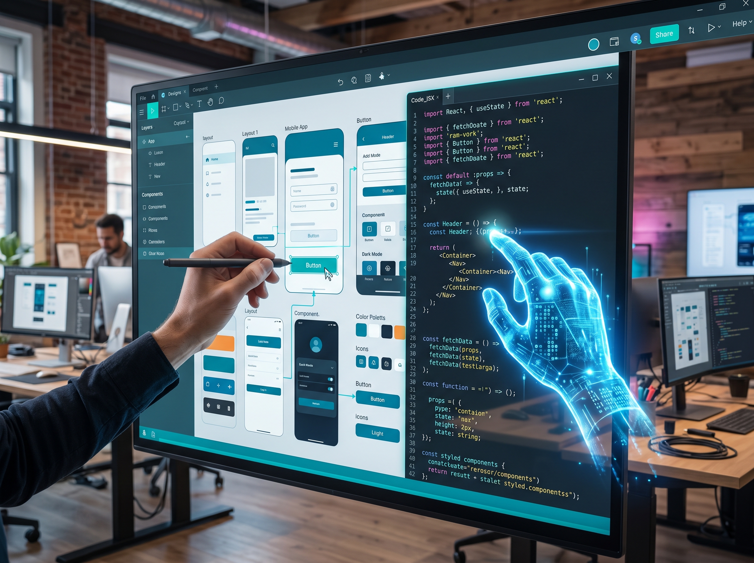 A digital canvas where visual UI mockups blend into React code with human and AI hands collaborating