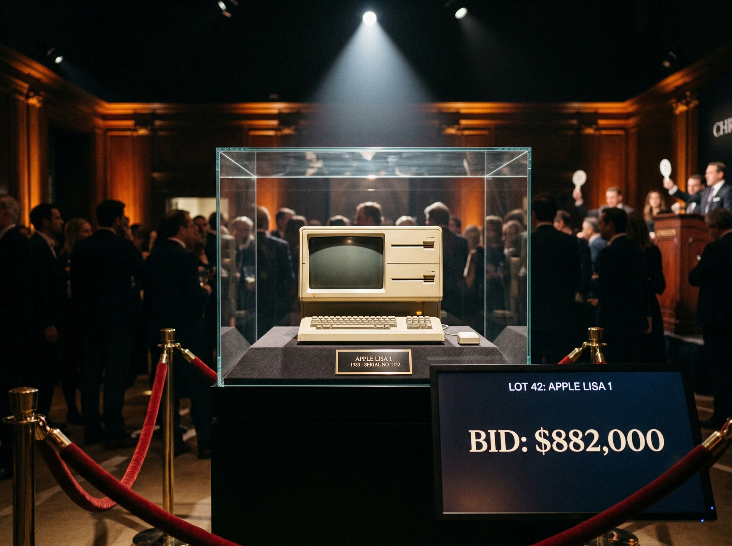 A pristine Apple Lisa 1 displayed under glass at Christie's auction house with a digital bid display showing $882,000