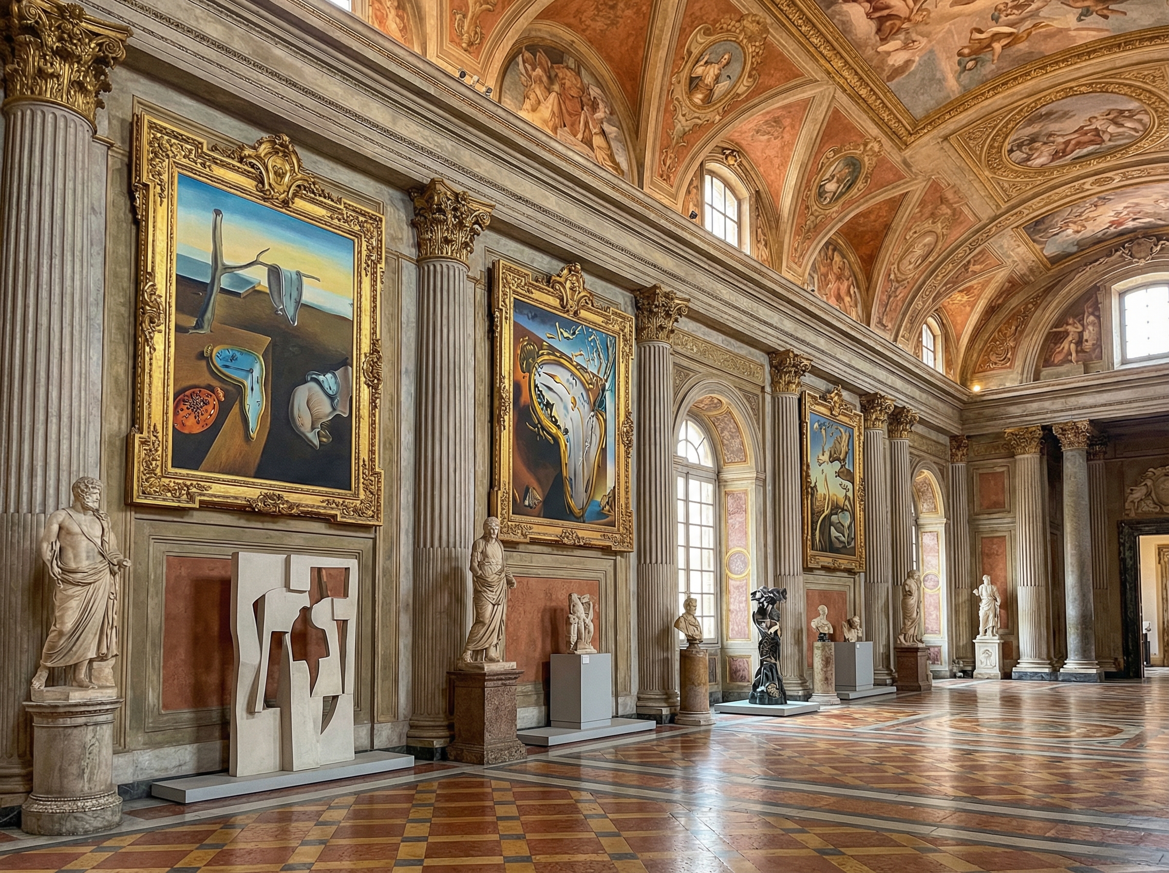Roman palazzo interior with surrealist paintings