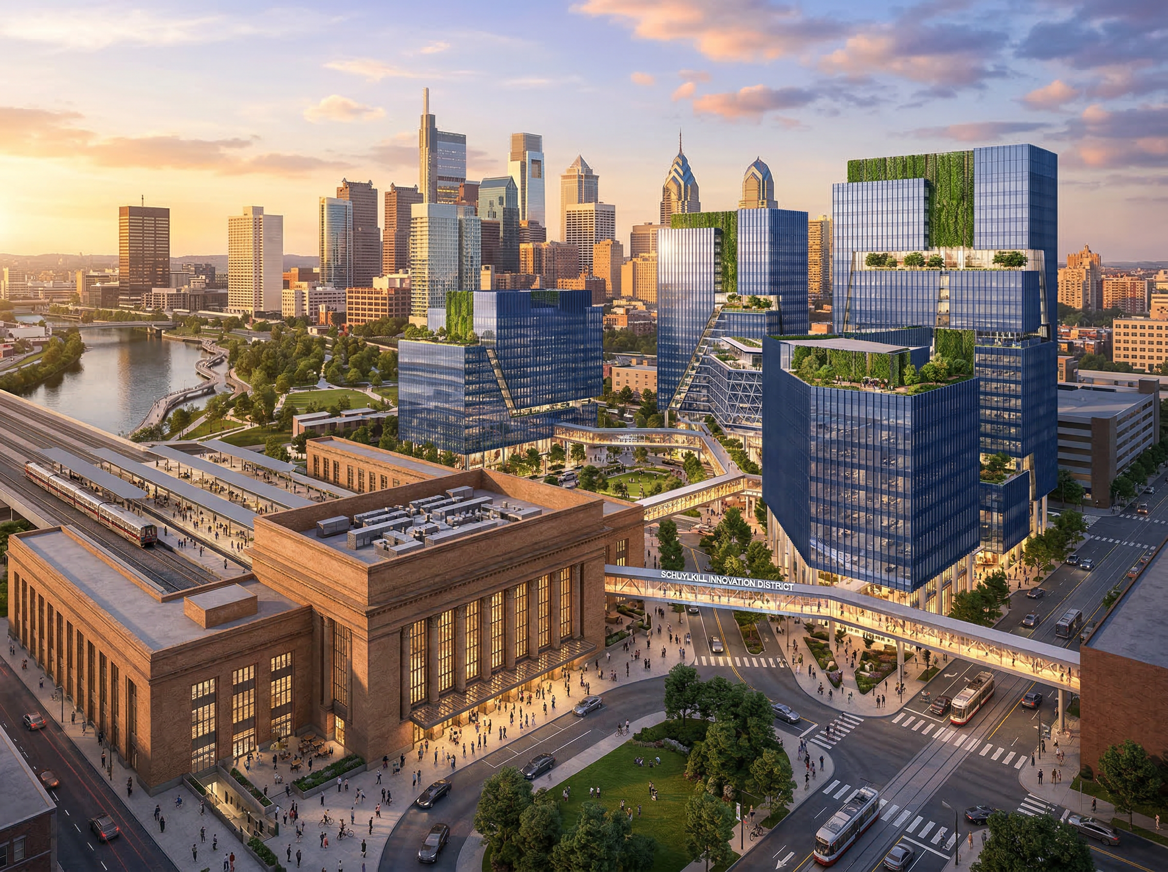 Futuristic architectural rendering of an innovation district next to a historic train station at golden hour