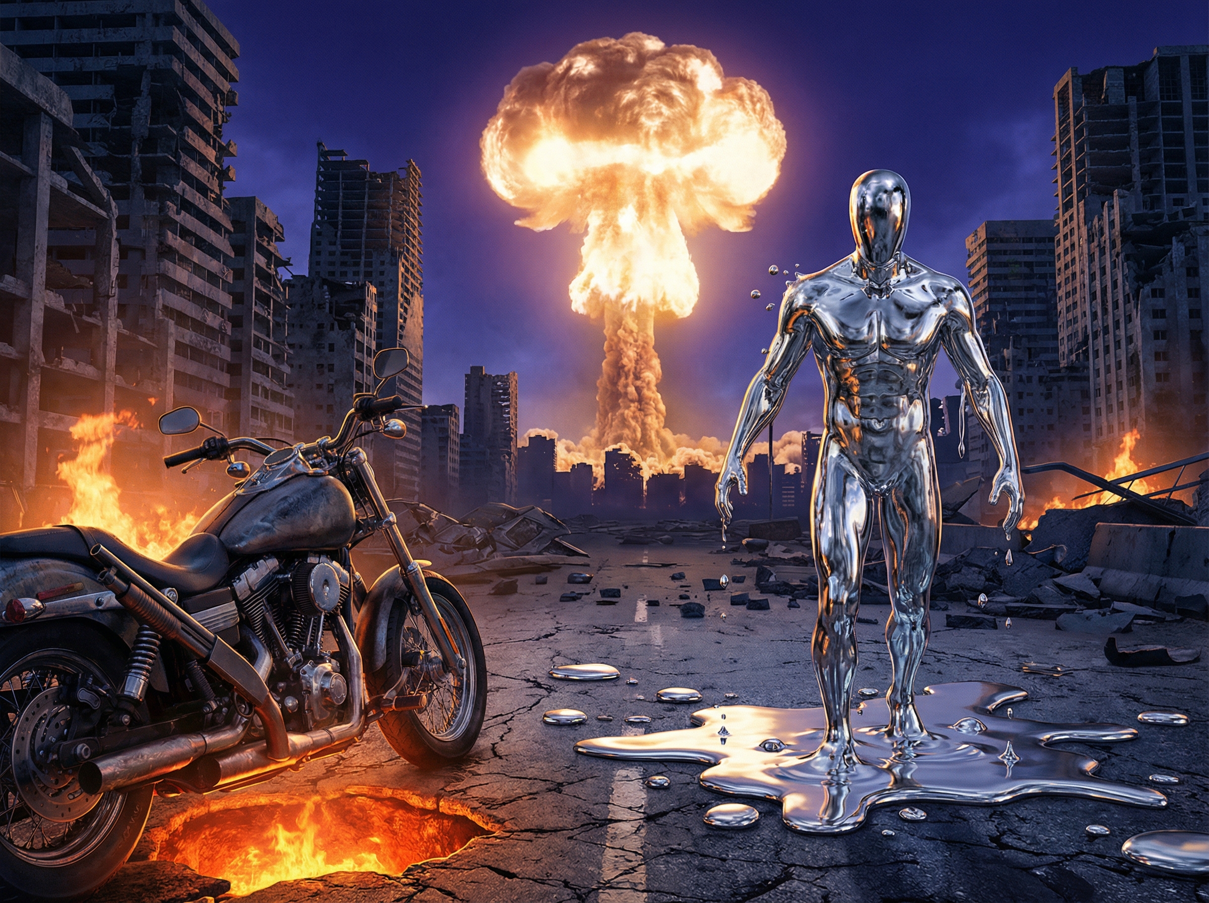 Liquid metal humanoid rising from chrome floor with nuclear explosion visible through window