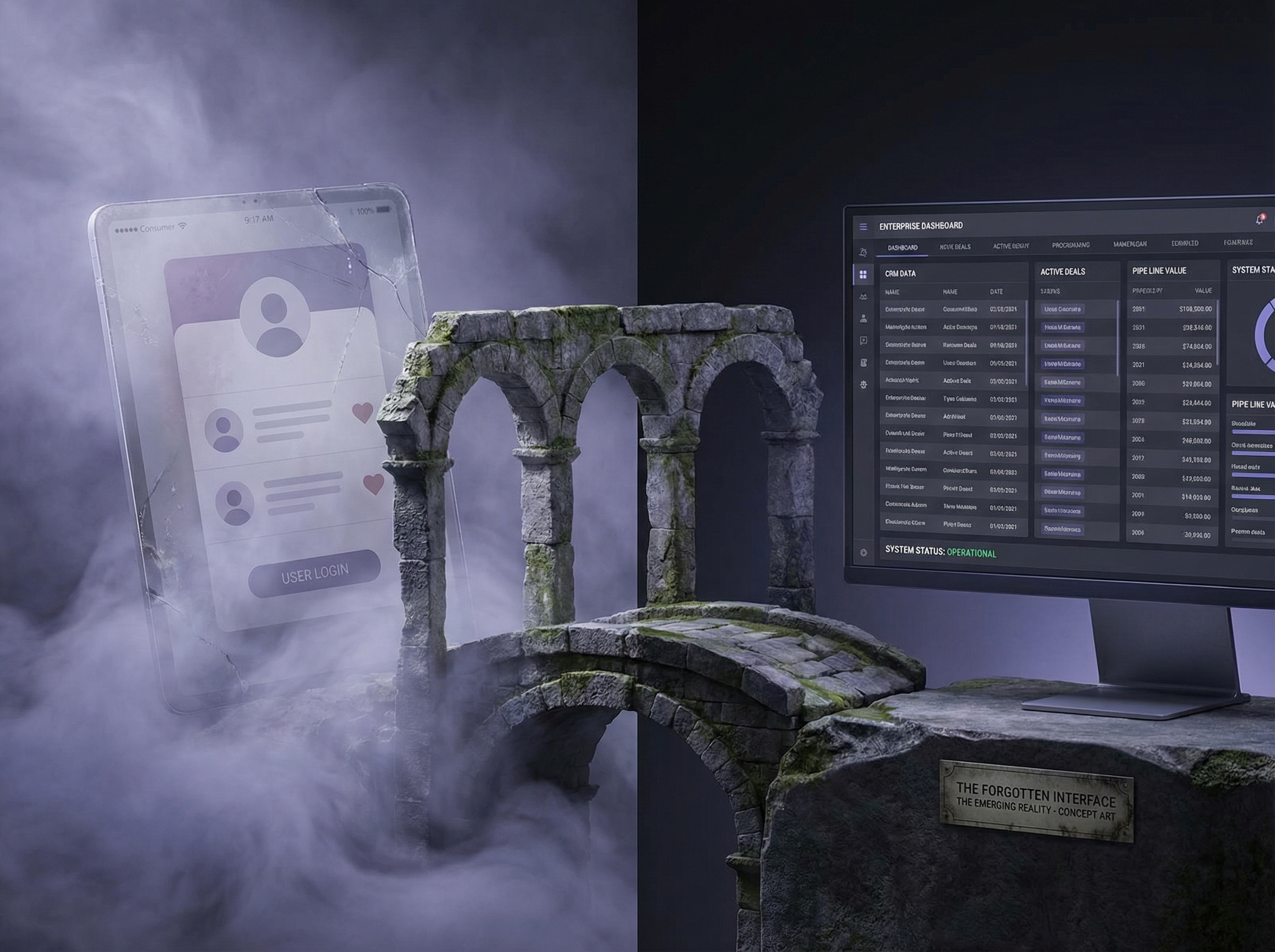 A beautiful but abandoned consumer app fading into mist on the left, while a utilitarian enterprise dashboard with CRM data emerges from shadow on the right