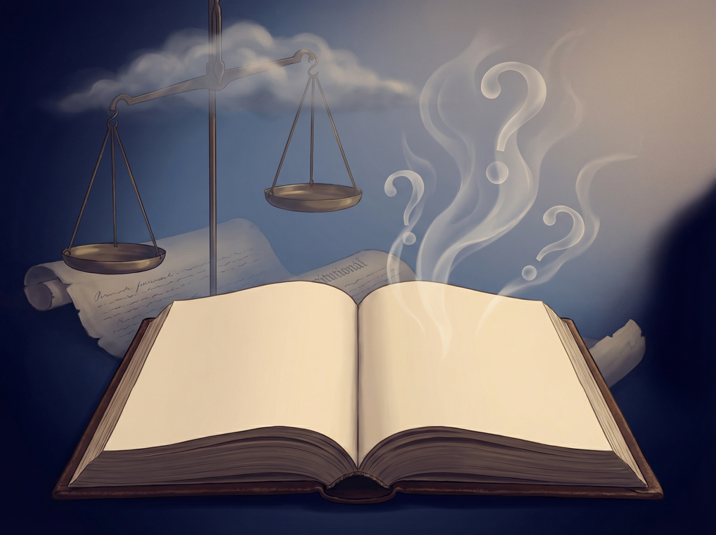 Open book with question marks rising like smoke, scales of justice in background