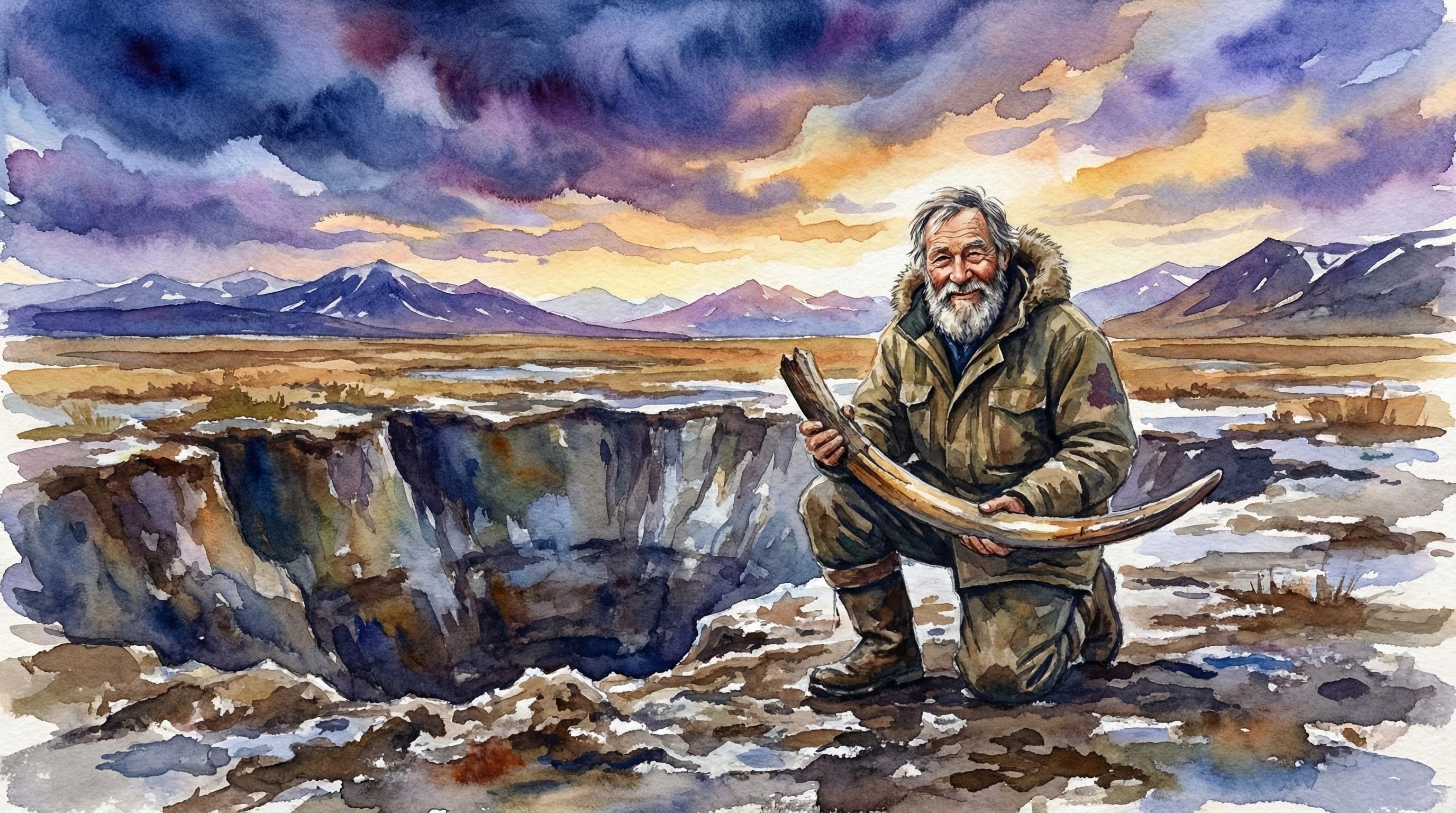 An elderly man standing at the edge of an Alaskan permafrost excavation site, vast tundra stretching behind him