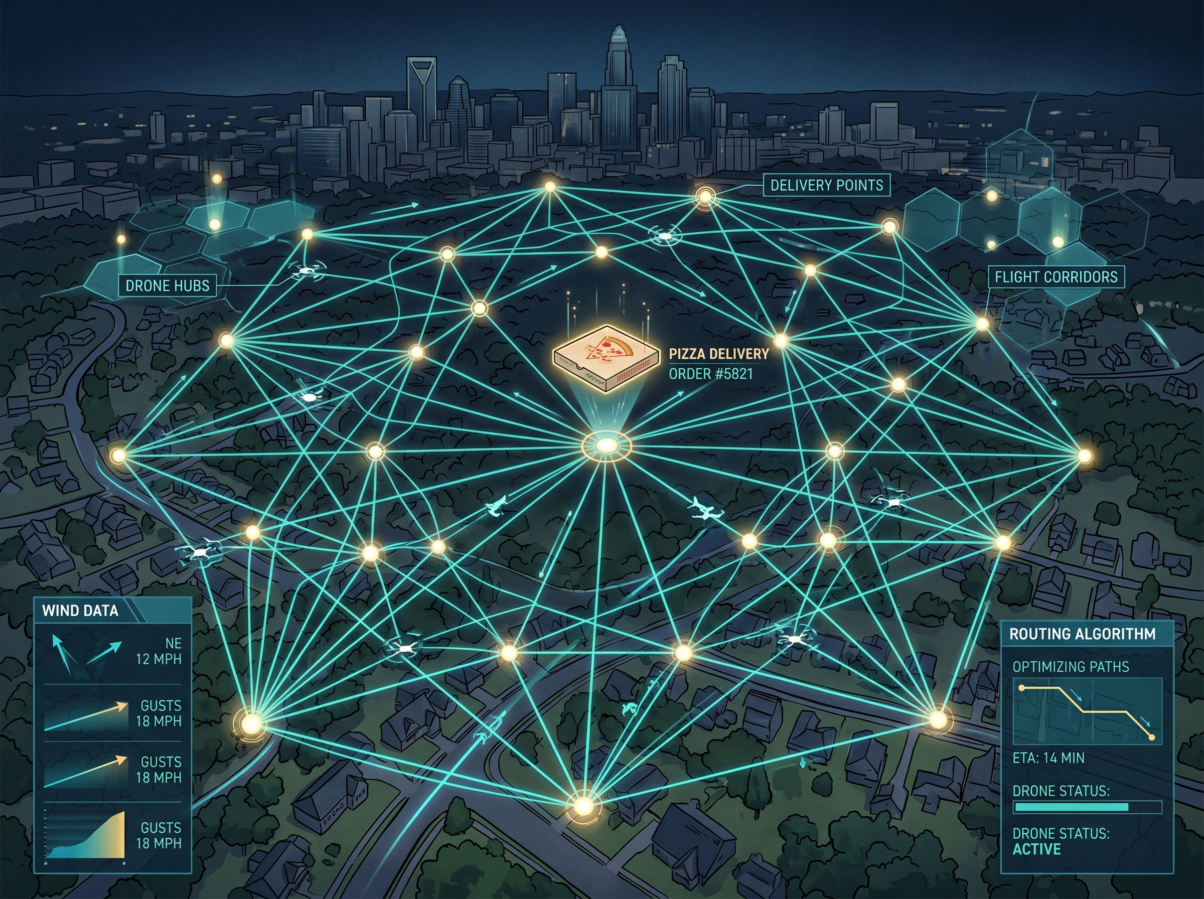 Abstract visualization of AI agent network managing drone deliveries over Charlotte, NC