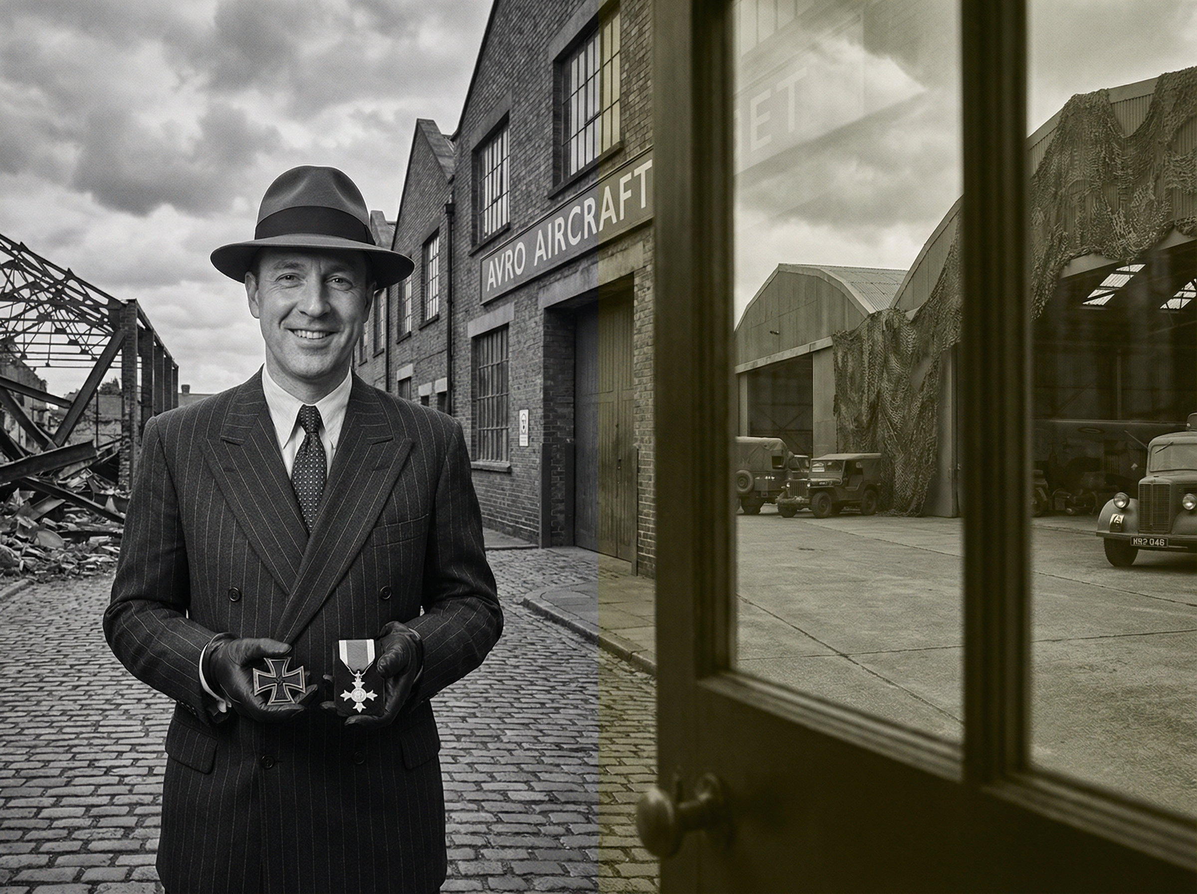 A charming 1940s criminal in a sharp suit holding German and British medals, standing before an aircraft factory with camouflage netting