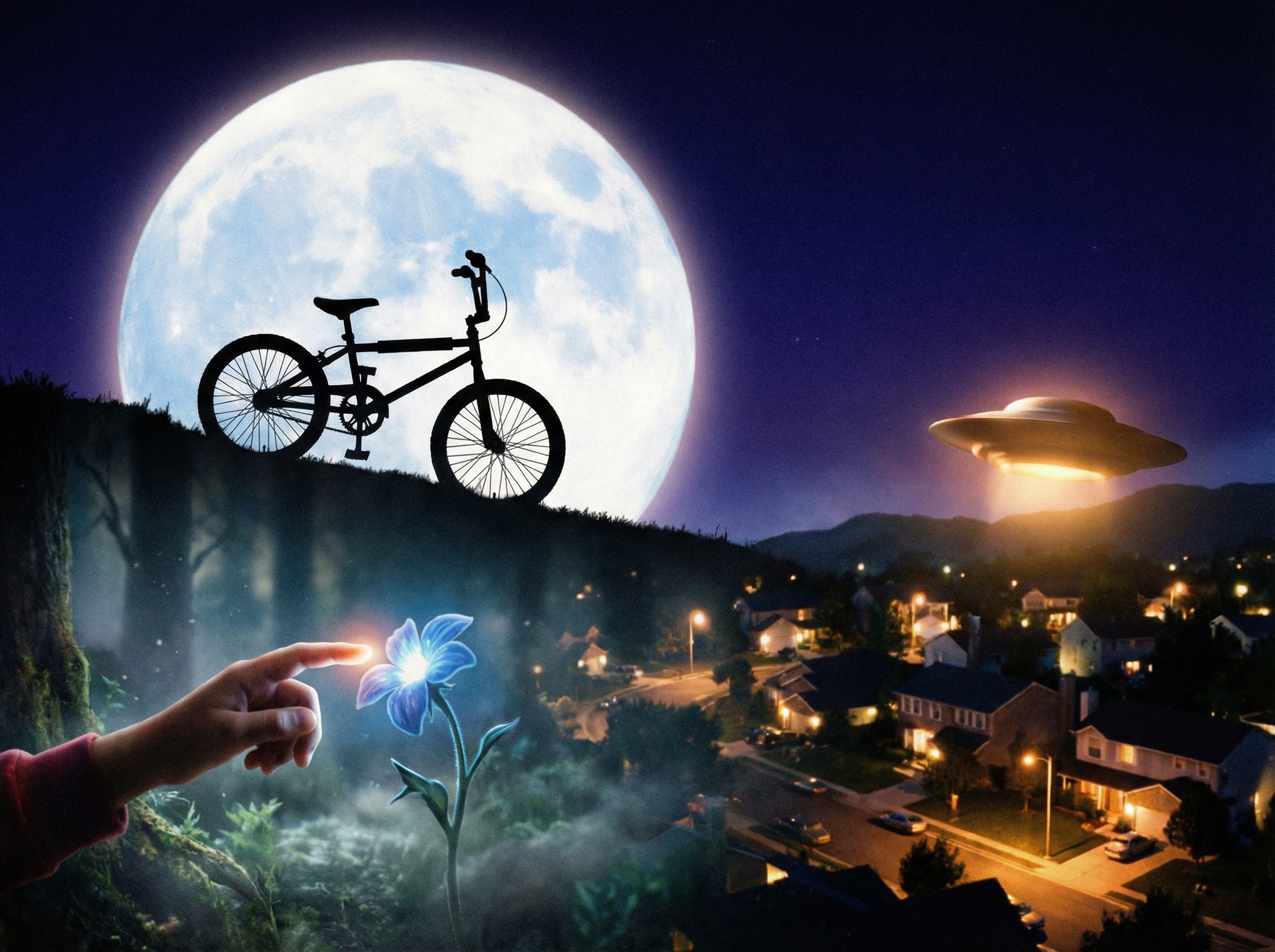 Bicycle silhouette flying across enormous full moon with suburban houses below
