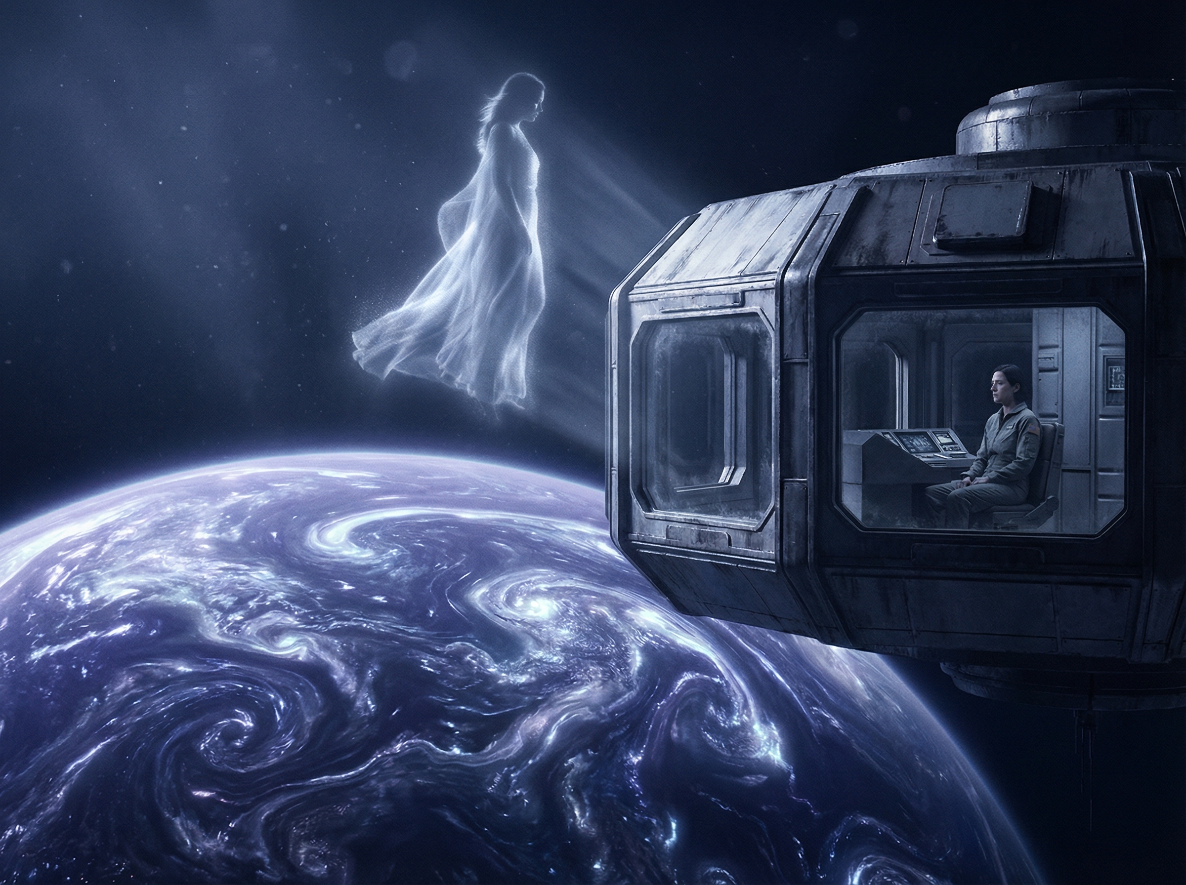 Mysterious alien ocean planet with space station floating above and ethereal ghostly figure