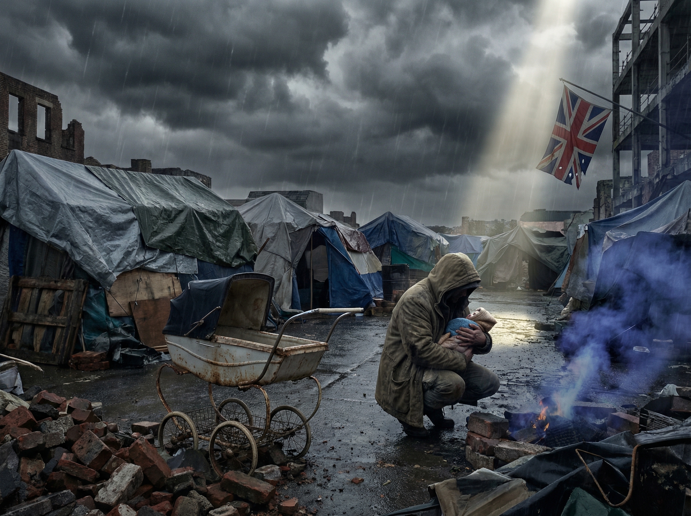 Dystopian near-future British city street with abandoned stroller and refugees behind fence
