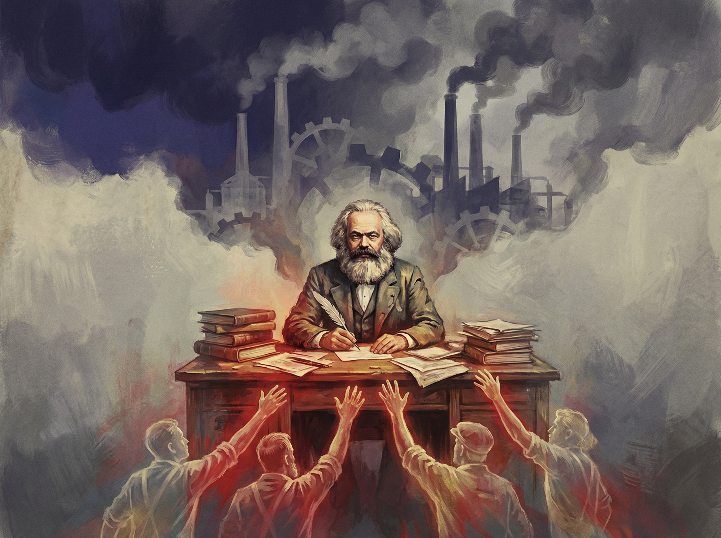 Karl Marx writing with factory smokestacks in the background