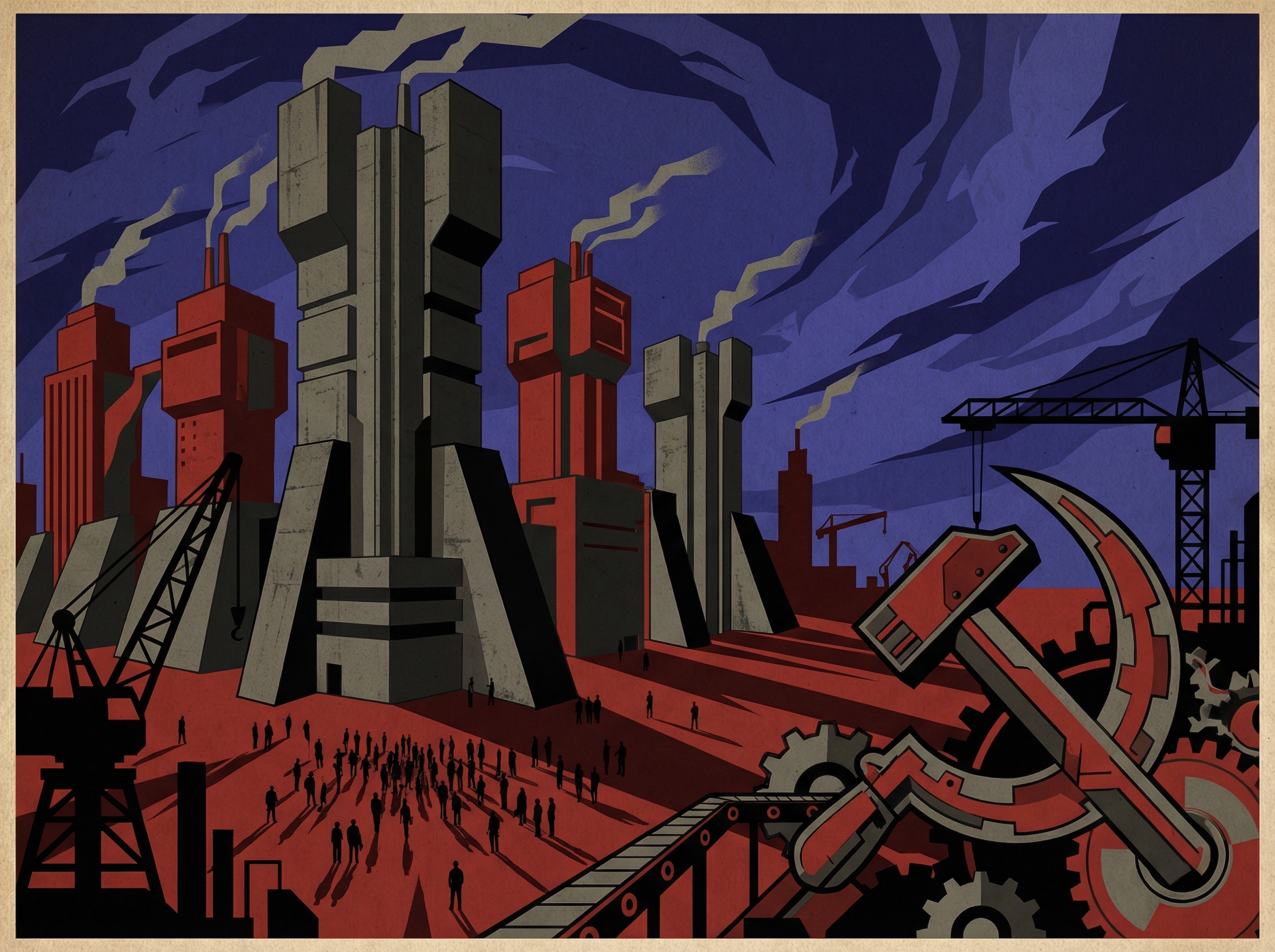 Constructivist Soviet-style artwork with brutalist architecture