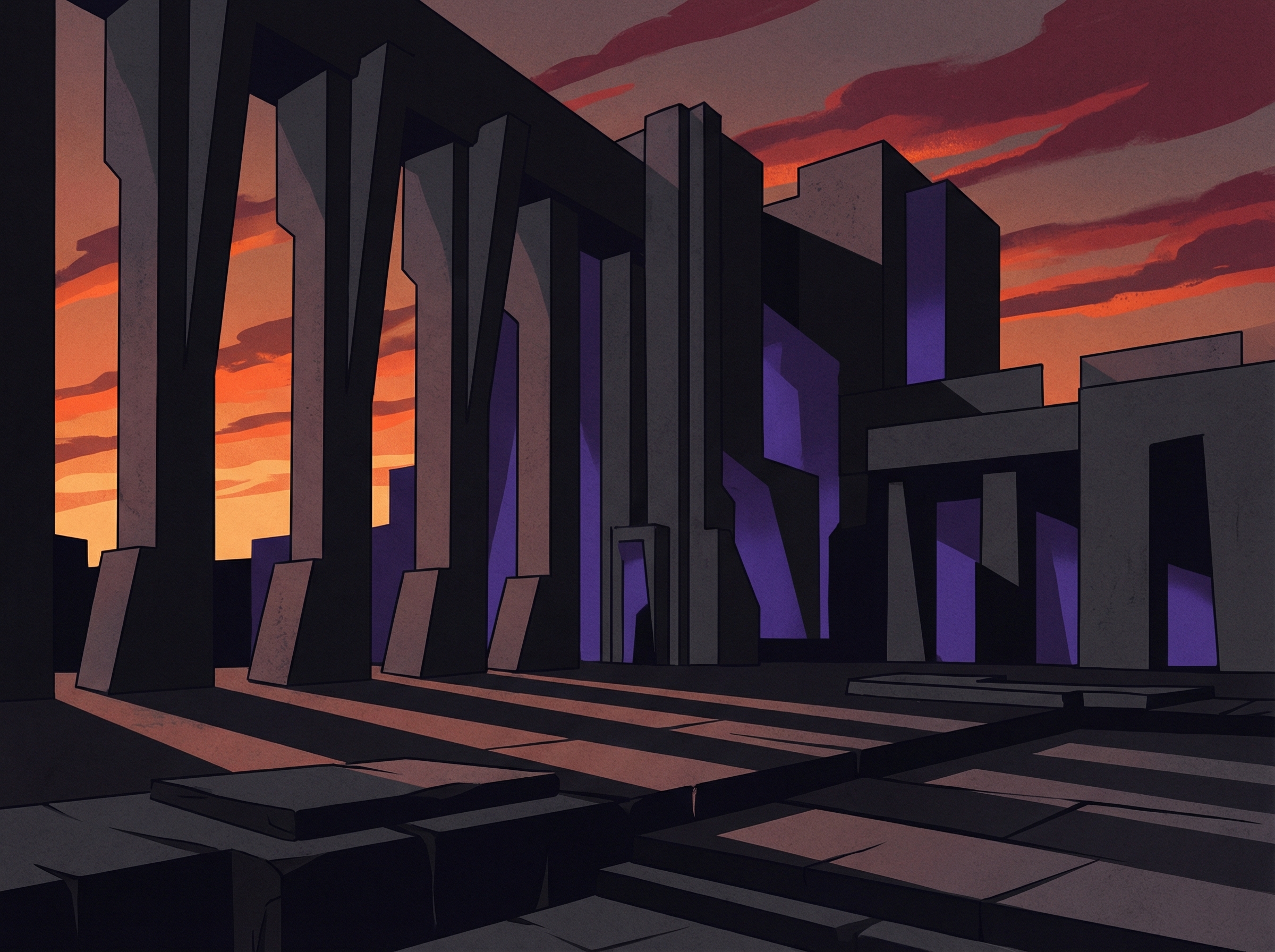 Dark monumental architecture with imposing columns and dramatic shadows