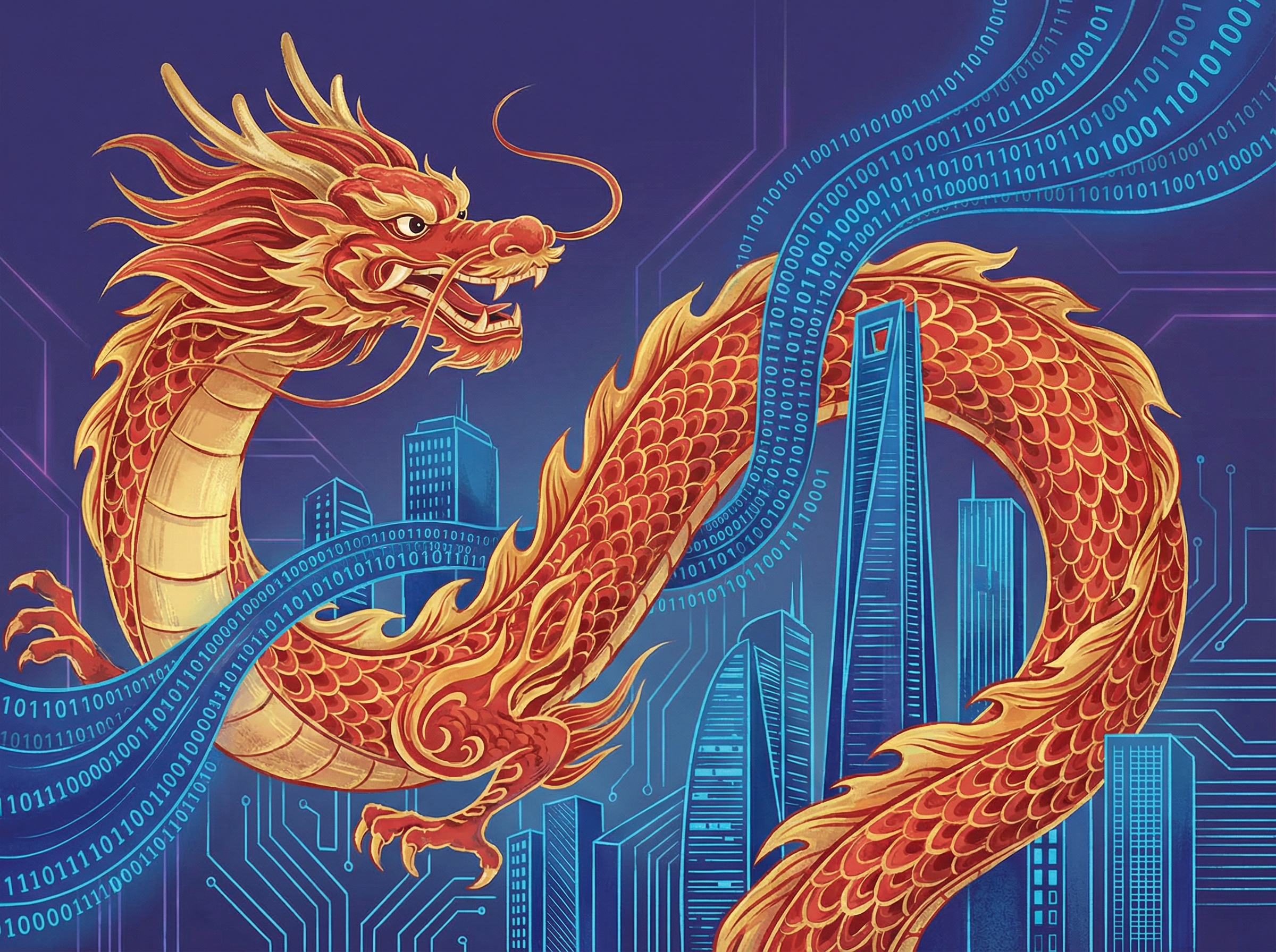 Chinese dragon intertwined with circuit boards and skyscrapers