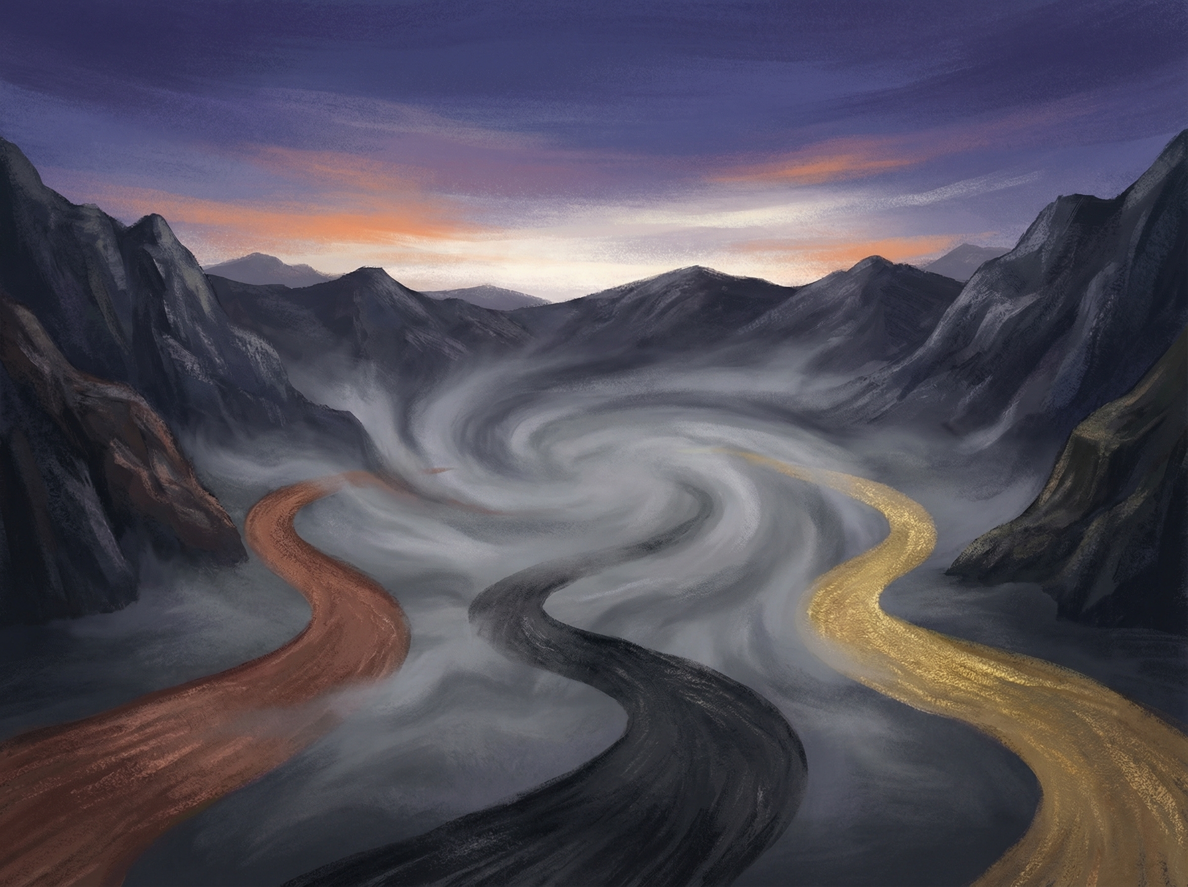 Three paths converging at a misty crossroads with dawn breaking