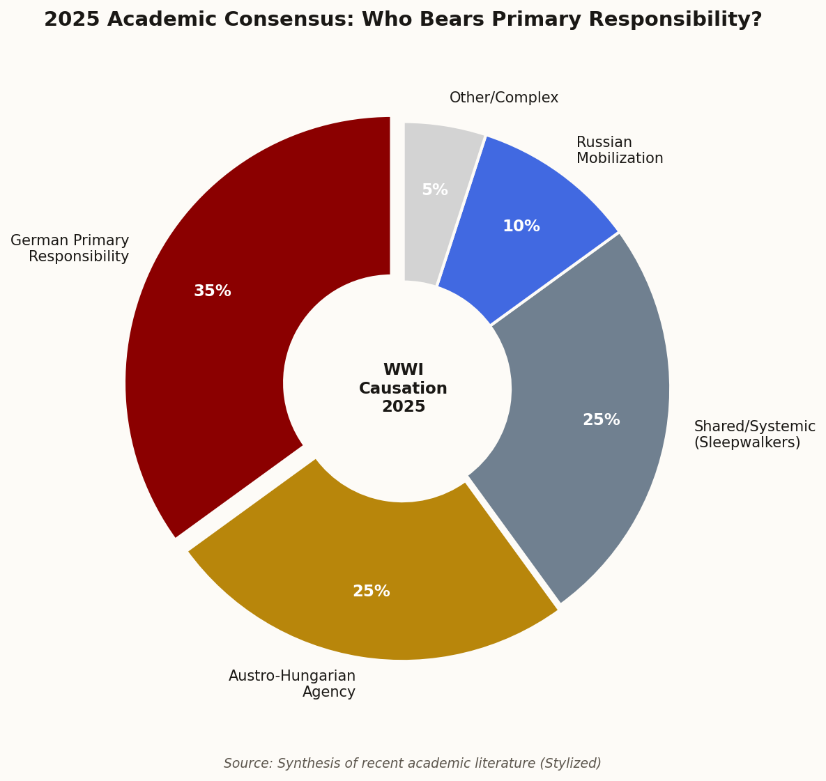 Pie chart showing 2025 academic consensus on WWI responsibility