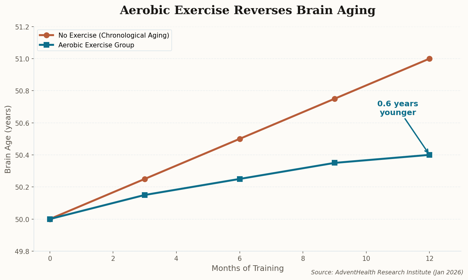 Line chart comparing brain age trajectory with and without aerobic exercise