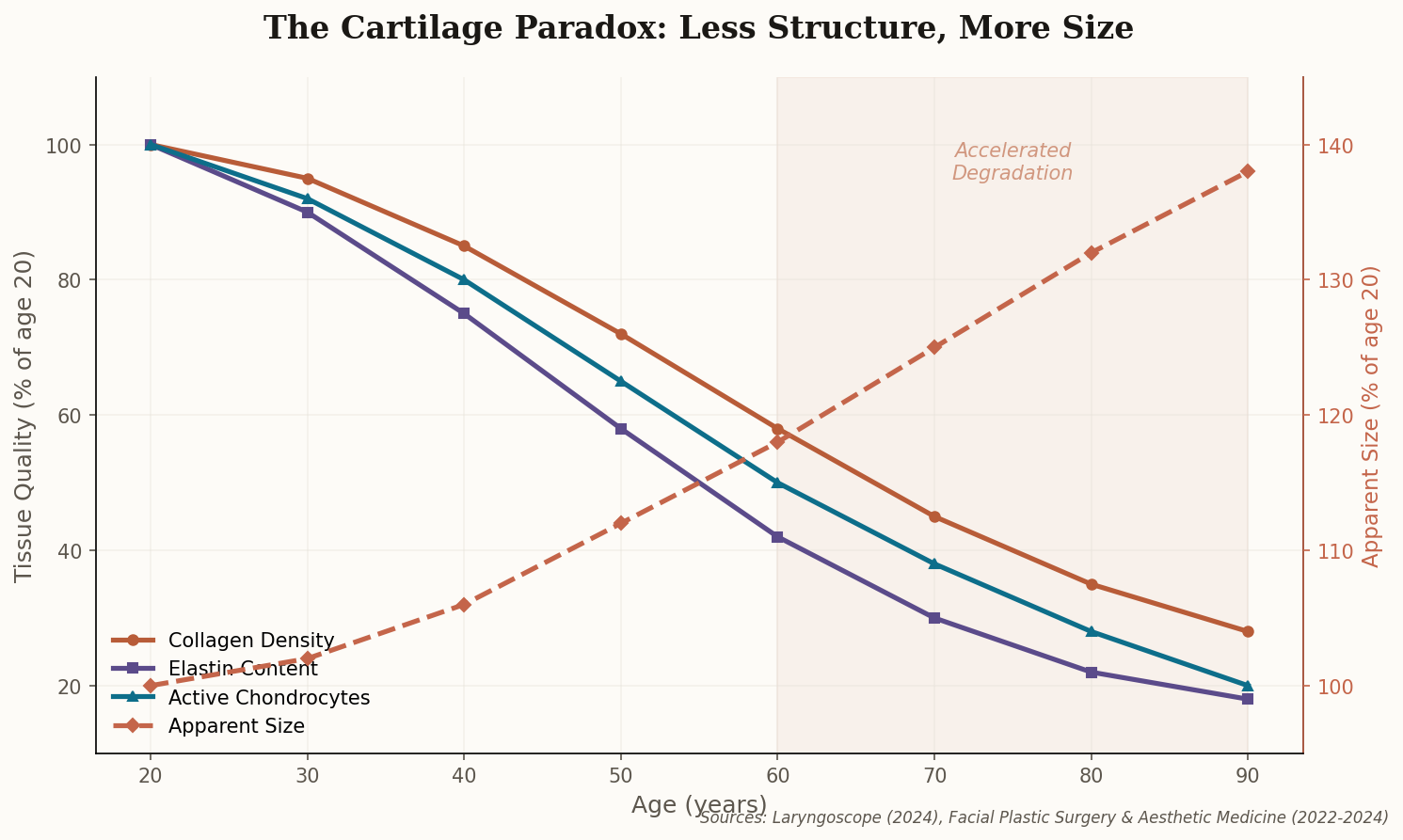 Dual-axis chart showing declining collagen, elastin, and chondrocyte levels alongside increasing apparent cartilage size from age 20 to 90