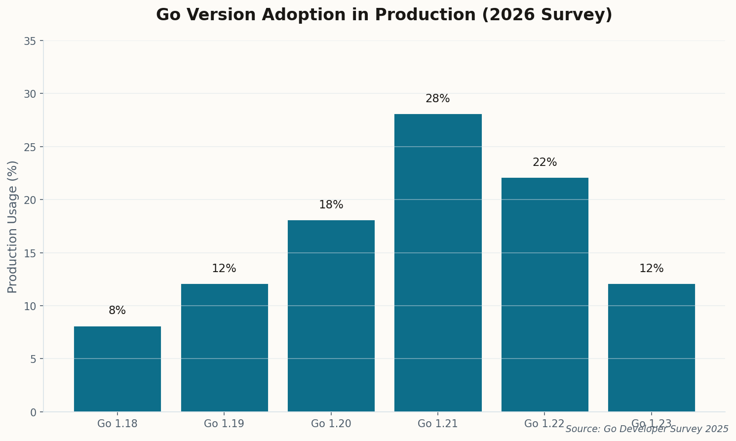 Bar chart showing Go version adoption: Go 1.21 leads at 28%, followed by Go 1.22 at 22%