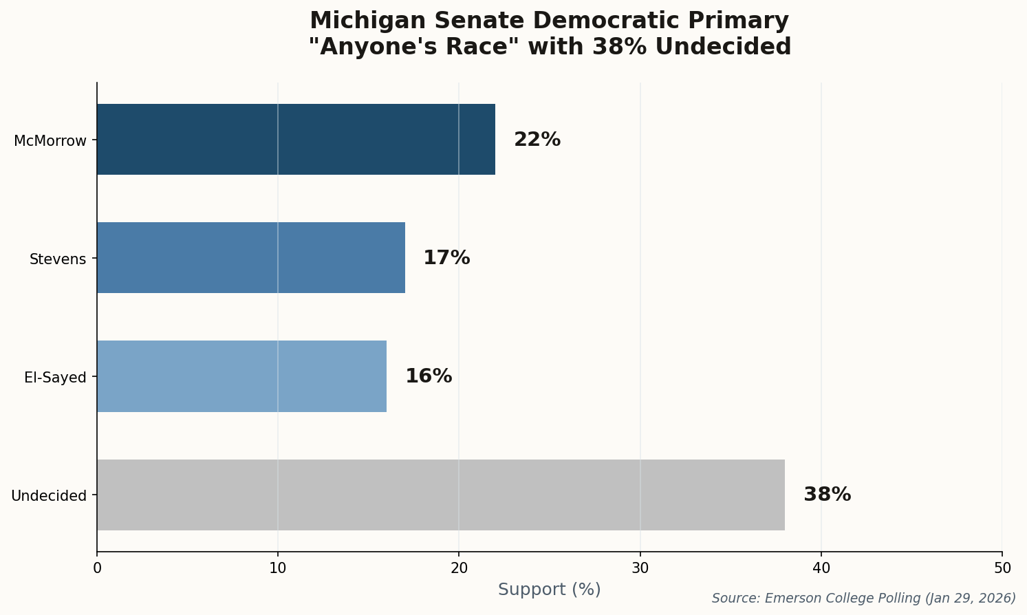 Bar chart showing Michigan Democratic primary polling with McMorrow at 22%, Stevens at 17%, El-Sayed at 16%, and 38% undecided