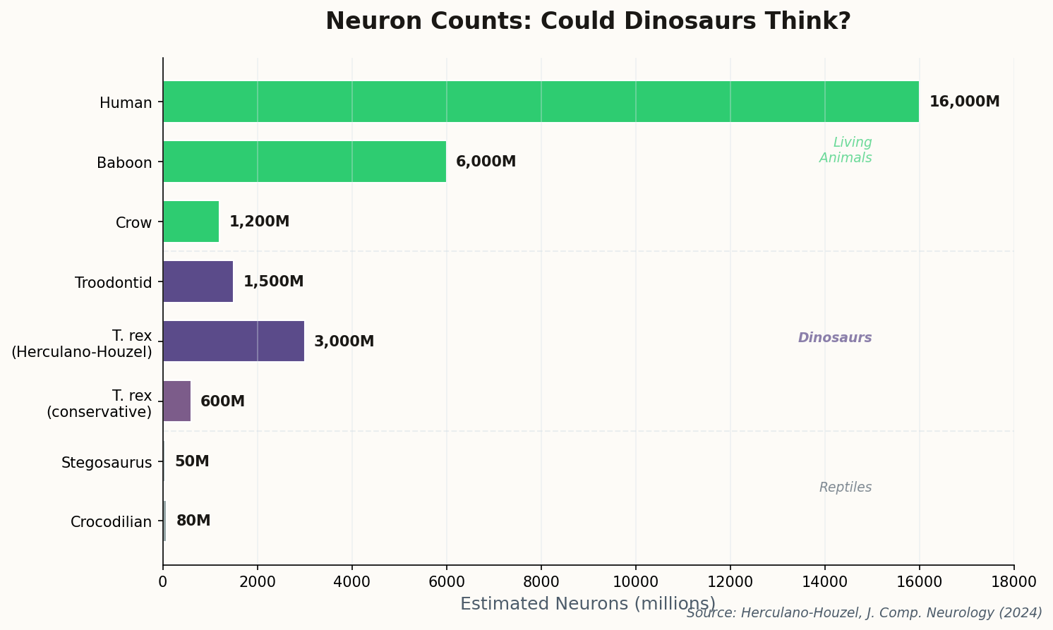 Horizontal bar chart comparing estimated neuron counts across reptiles, dinosaurs, and living animals
