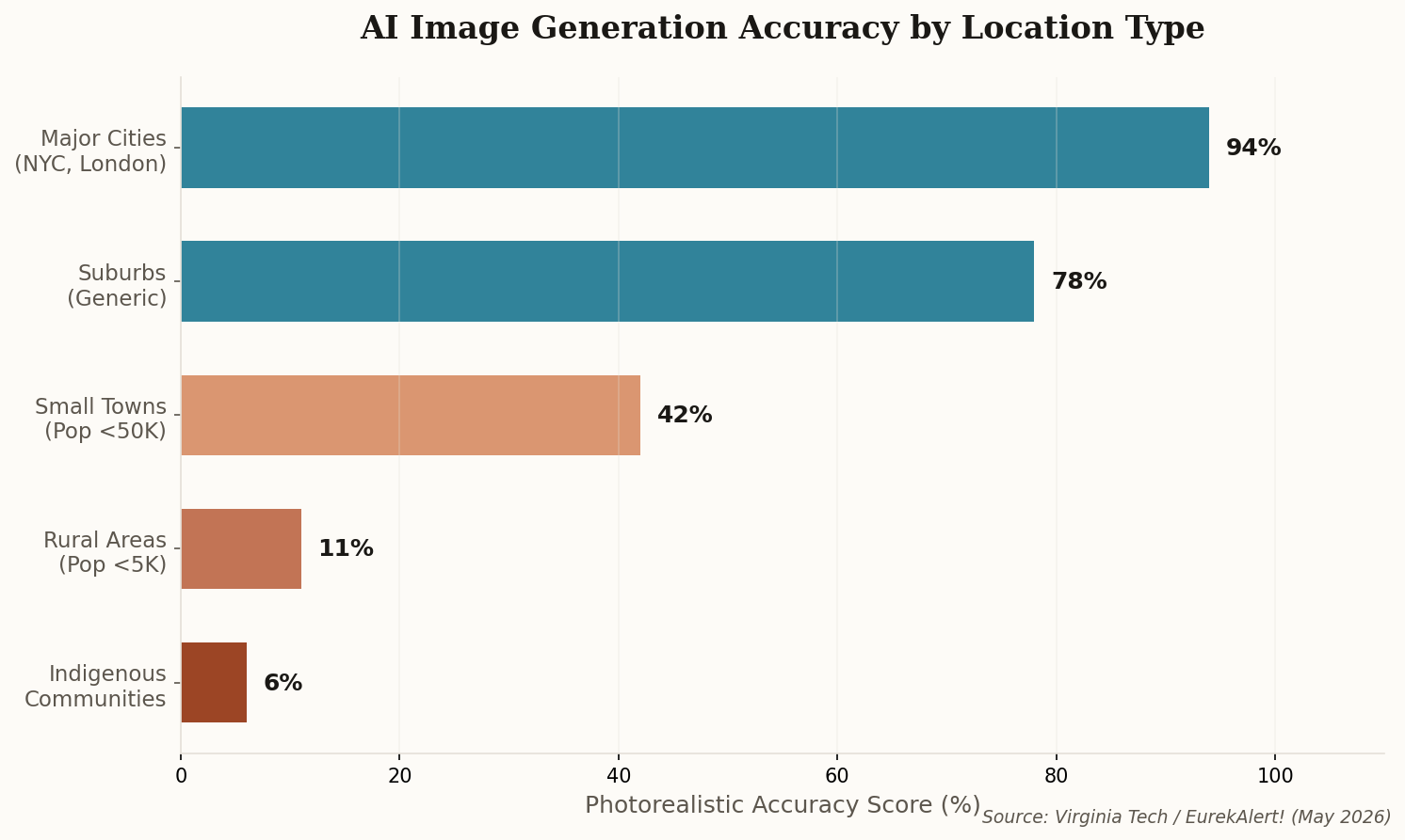 Horizontal bar chart showing AI image generation accuracy dropping sharply from major cities to suburbs, small towns, rural areas, and indigenous communities