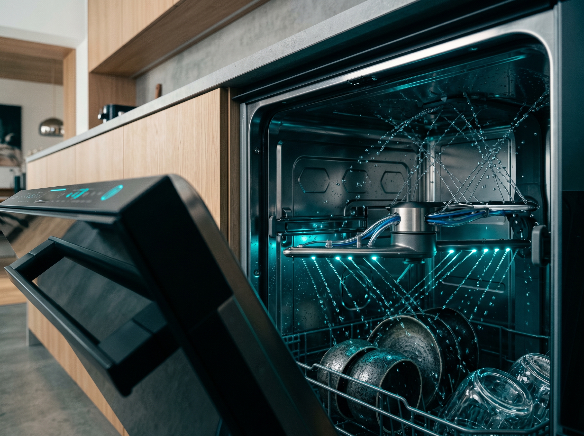 Futuristic built-in dishwasher with illuminated high-pressure water jets